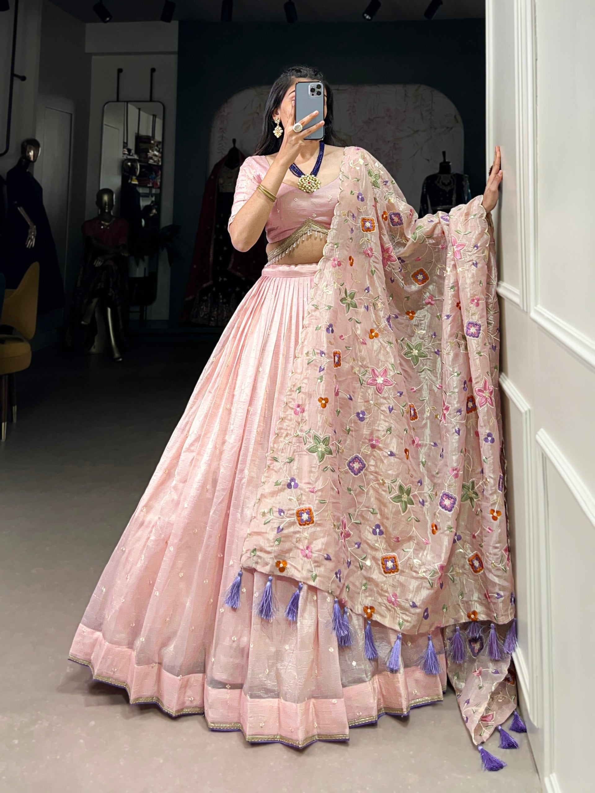 Breathtaking Light Peach Gold Crush Sequins Thread Worked Lehenga Choli - ETHNICDEAL