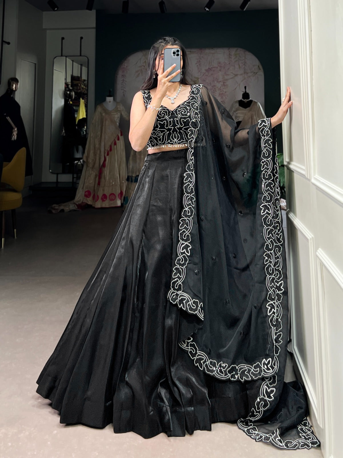 Spellbinding Satin Pearl Cording Sequins Worked Lehenga Set - Ethnicwish