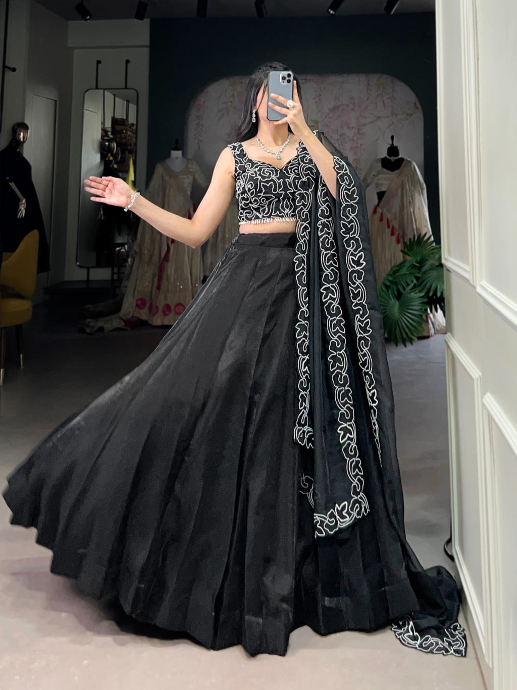 Spellbinding Satin Pearl Cording Sequins Worked Lehenga Set - Ethnicwish