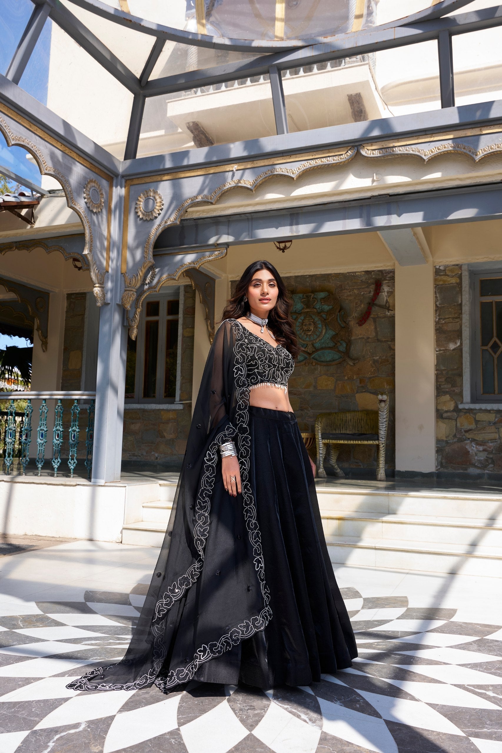 Spellbinding Satin Pearl Cording Sequins Worked Lehenga Set - ETHNICDEAL