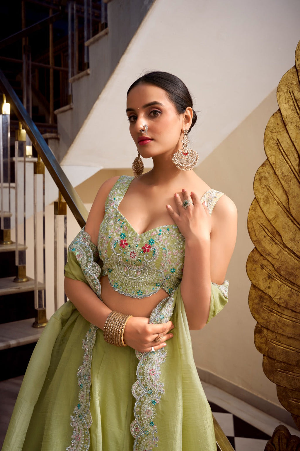 Magnificent Gold Crush Sequins Thread Diamond Worked Lehenga Choli - ETHNICDEAL