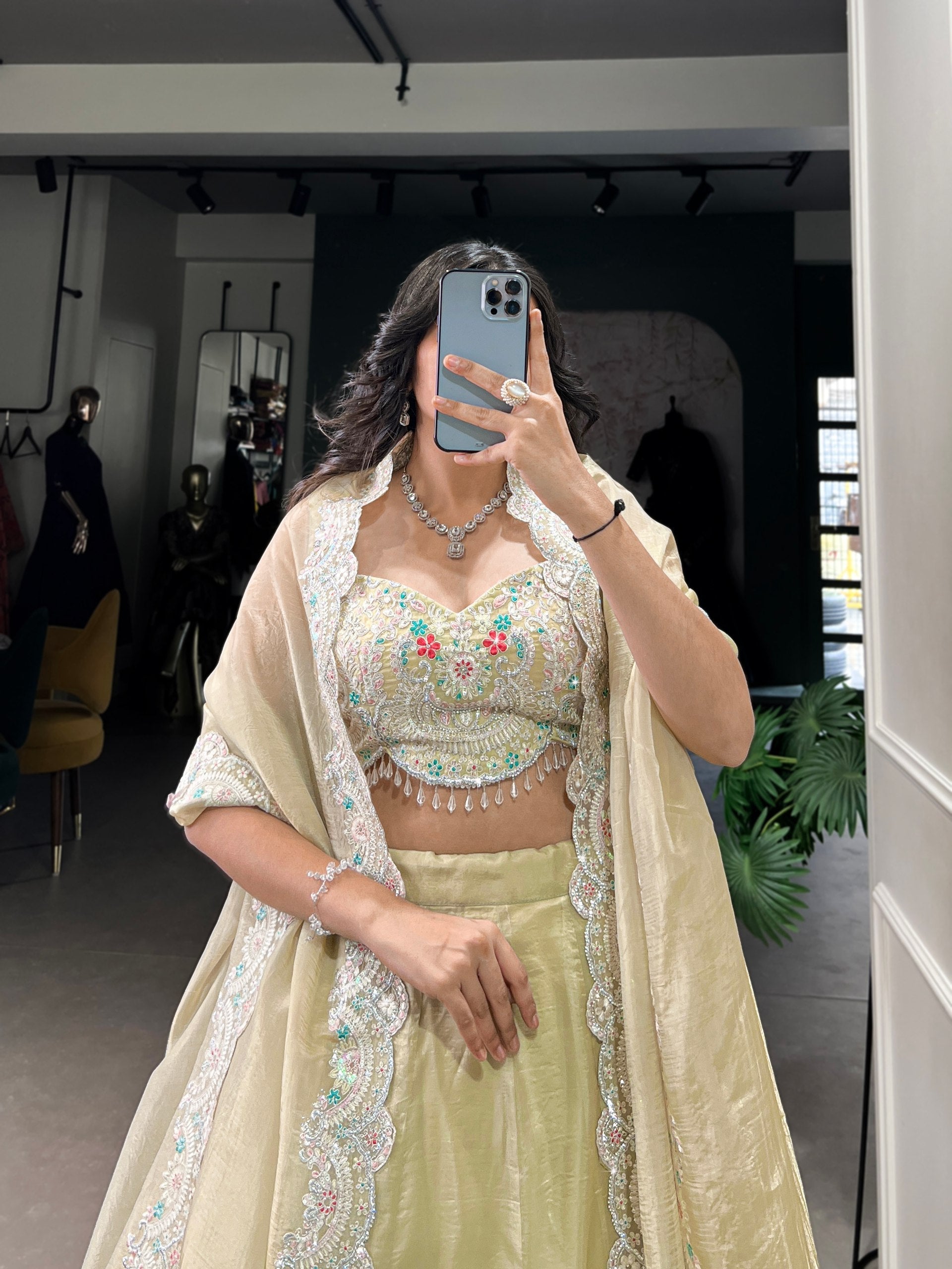 Magnificent Gold Crush Sequins Thread Diamond Worked Lehenga Choli - ETHNICDEAL