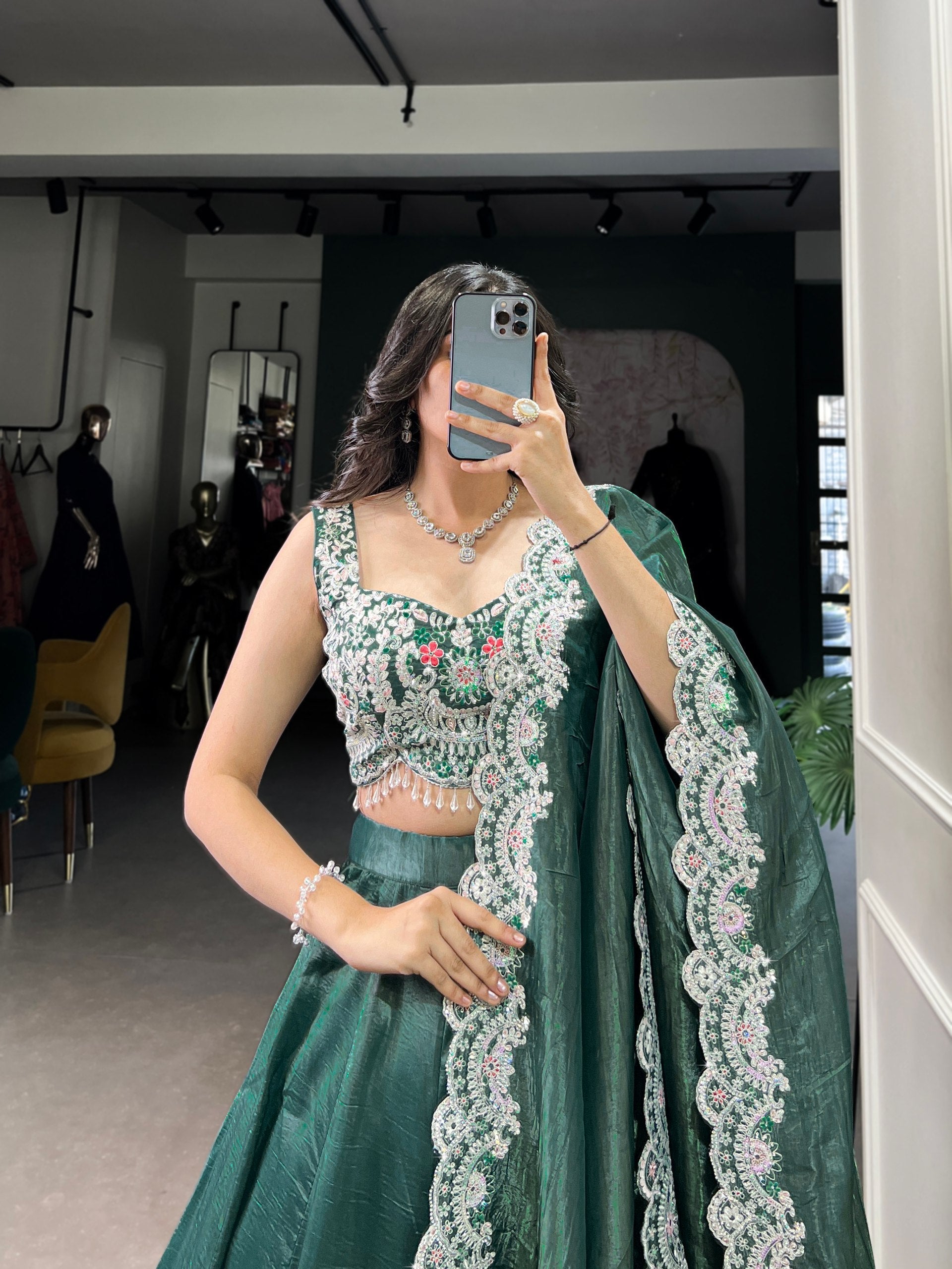 Magnificent Gold Crush Sequins Thread Diamond Worked Lehenga Choli - ETHNICDEAL