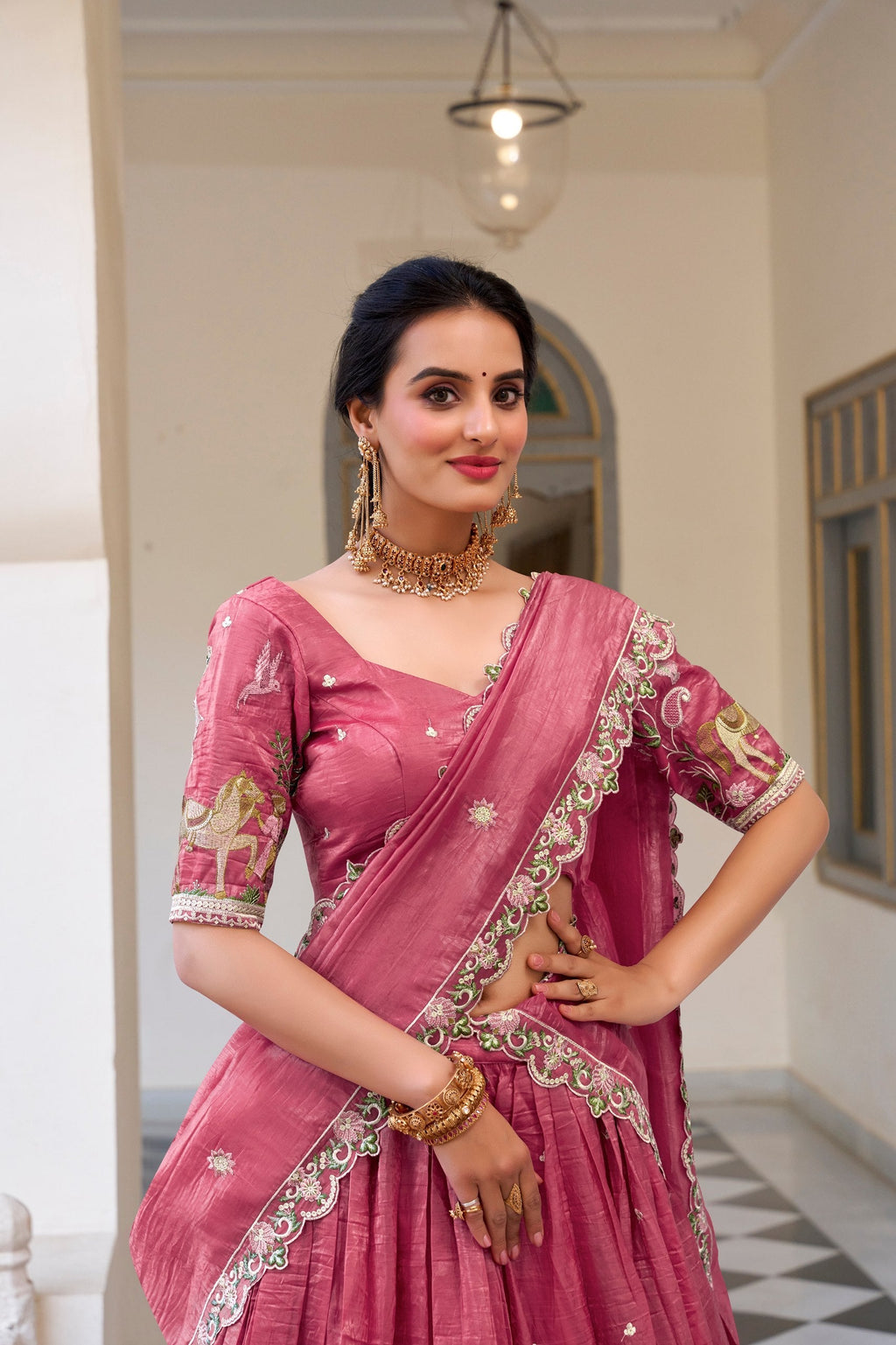 Mesmerizing Gold Crush Sequins Thread Worked Lehenga Choli - ETHNICDEAL