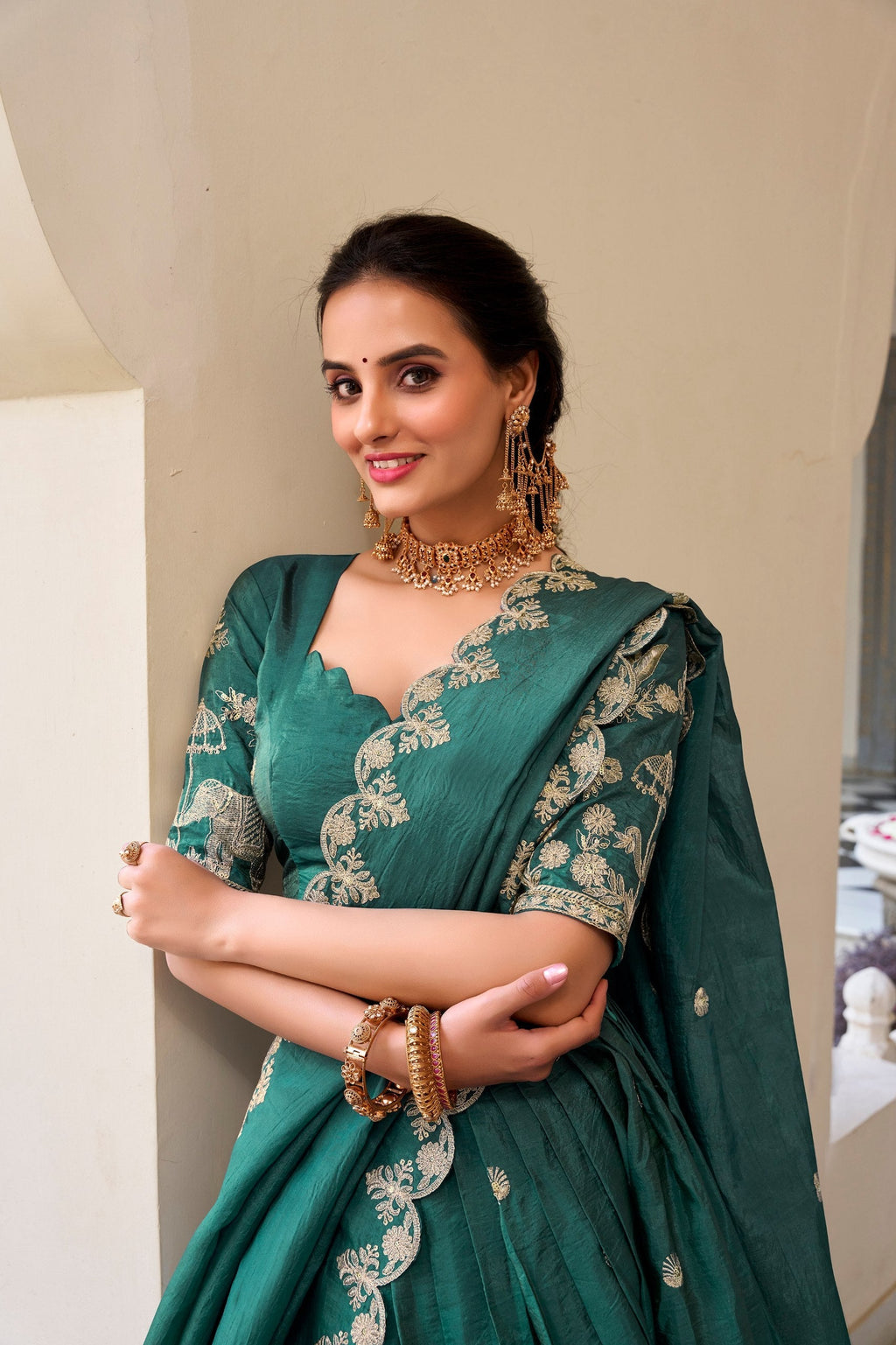 Mesmerizing Gold Crush Sequins Thread Worked Lehenga Choli - ETHNICDEAL