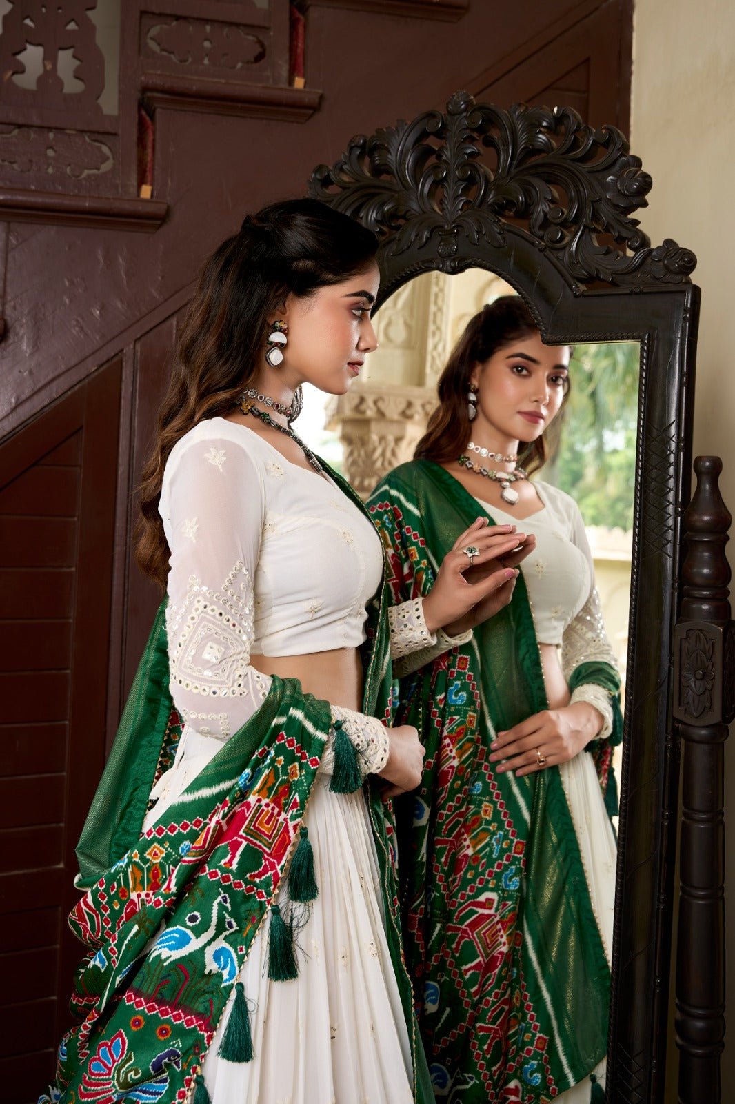Spellbinding White Georgette Lucknowi Foil Mirror Worked Lehenga Choli - Ethnicwish