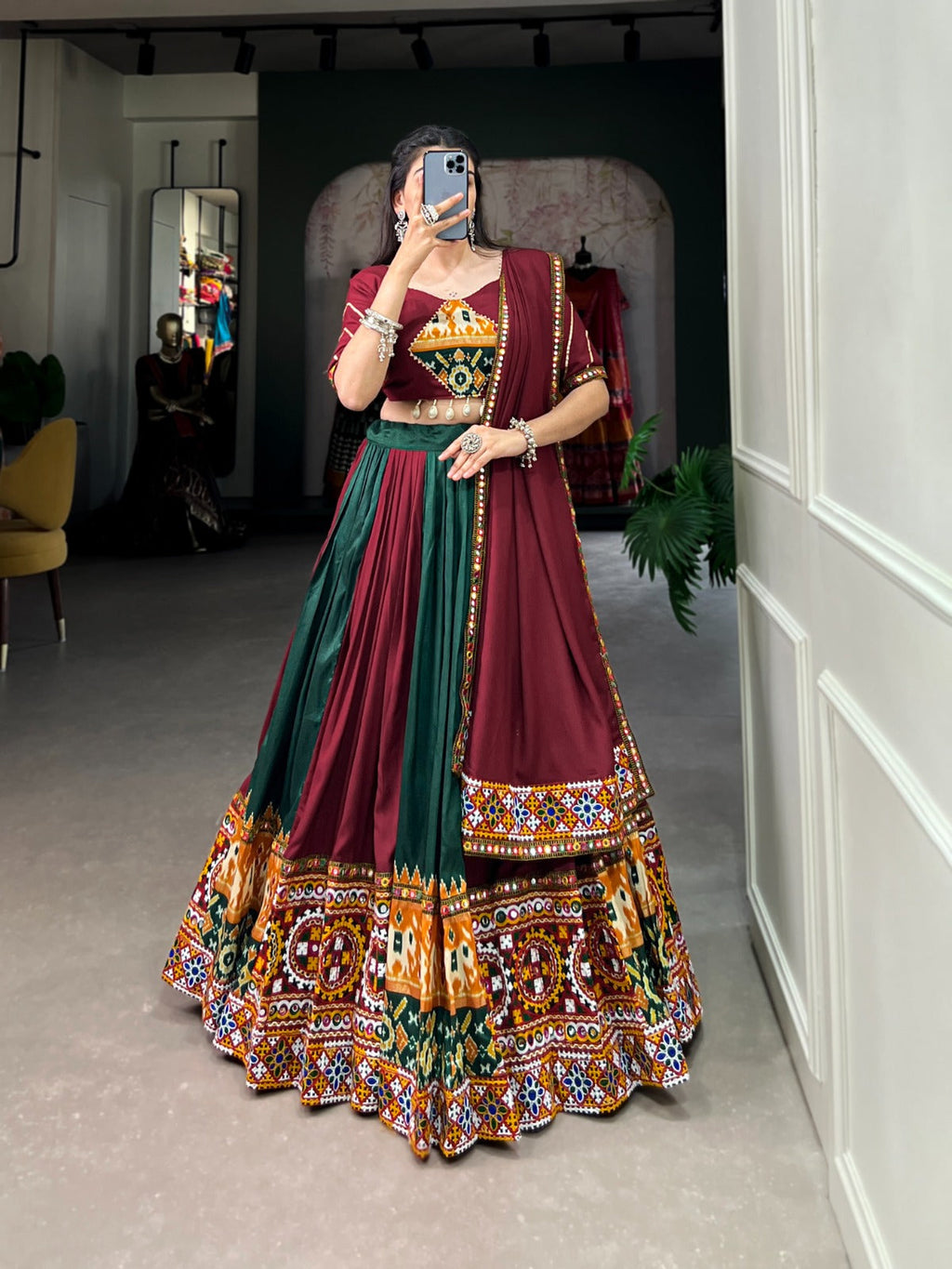 Dashing Navratri Wear Rayon Gamthi Mirror Worked Lehenga Choli - Ethnicwish