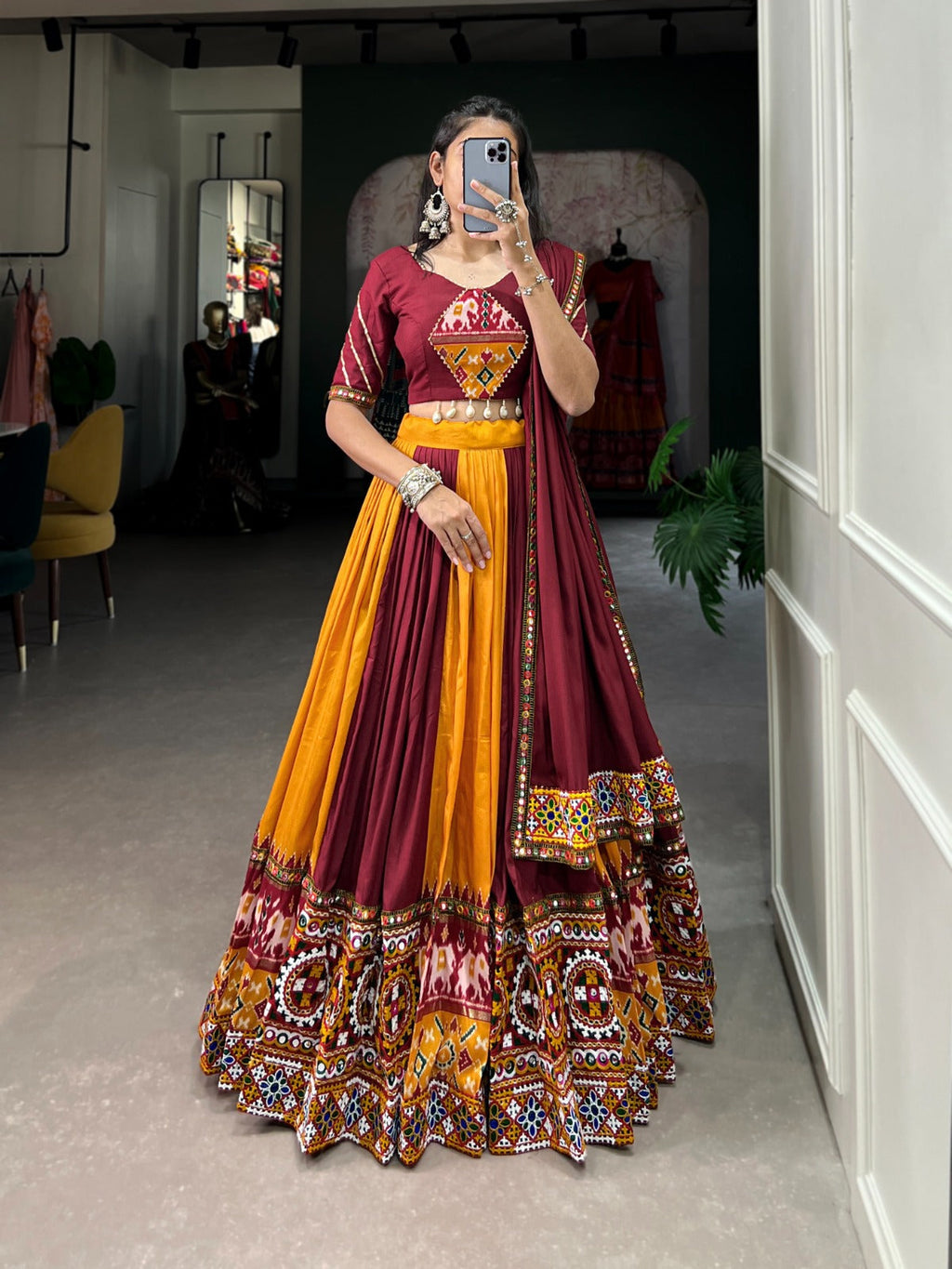 Dashing Navratri Wear Rayon Gamthi Mirror Worked Lehenga Choli - Ethnicwish