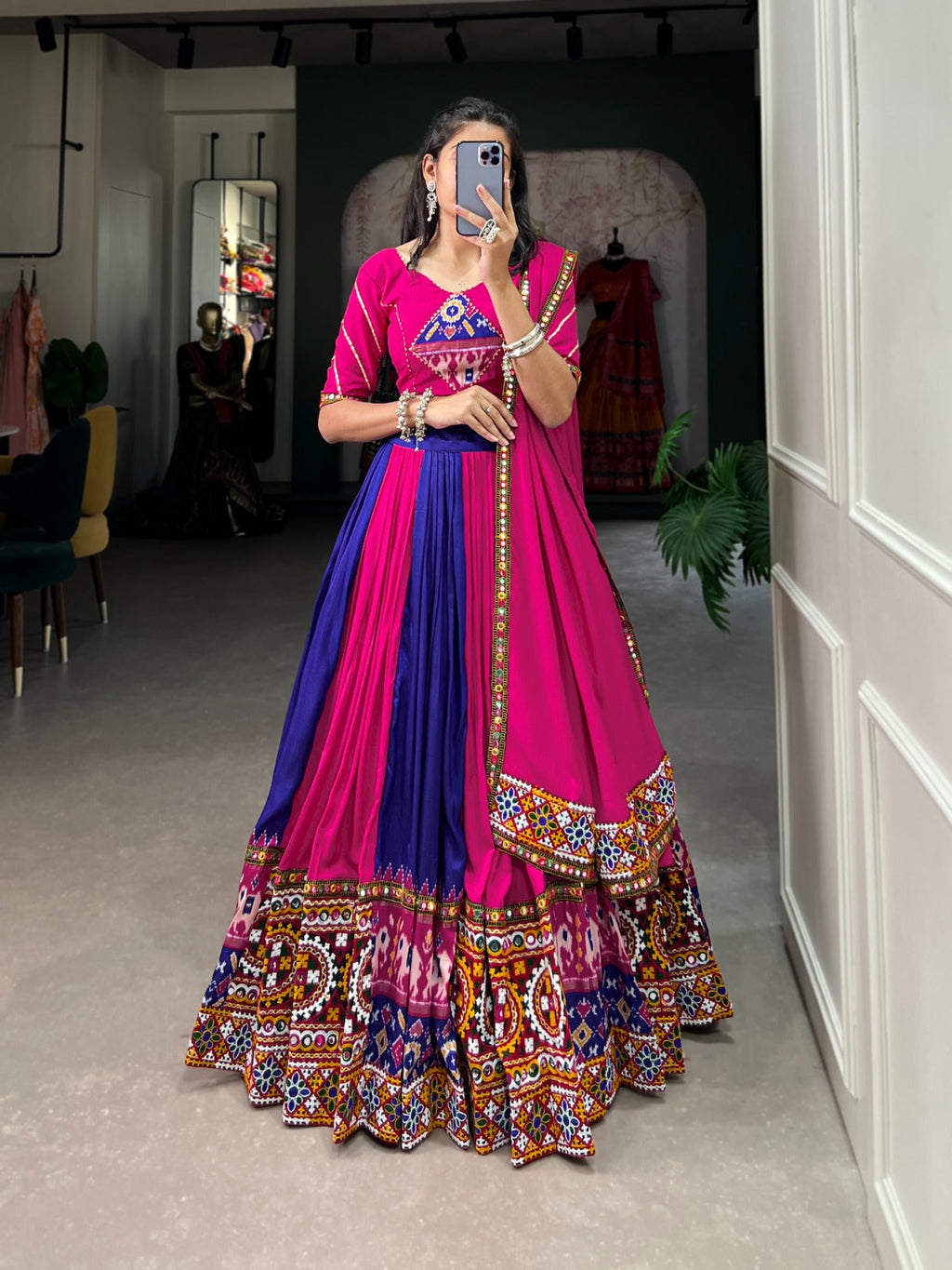 Dashing Navratri Wear Rayon Gamthi Mirror Worked Lehenga Choli - Ethnicwish
