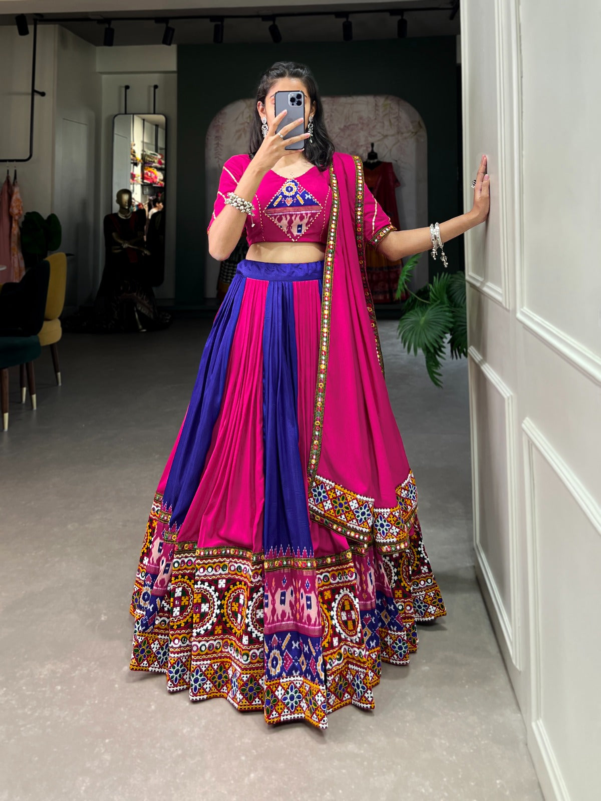 Dashing Navratri Wear Rayon Gamthi Mirror Worked Lehenga Choli - Ethnicwish