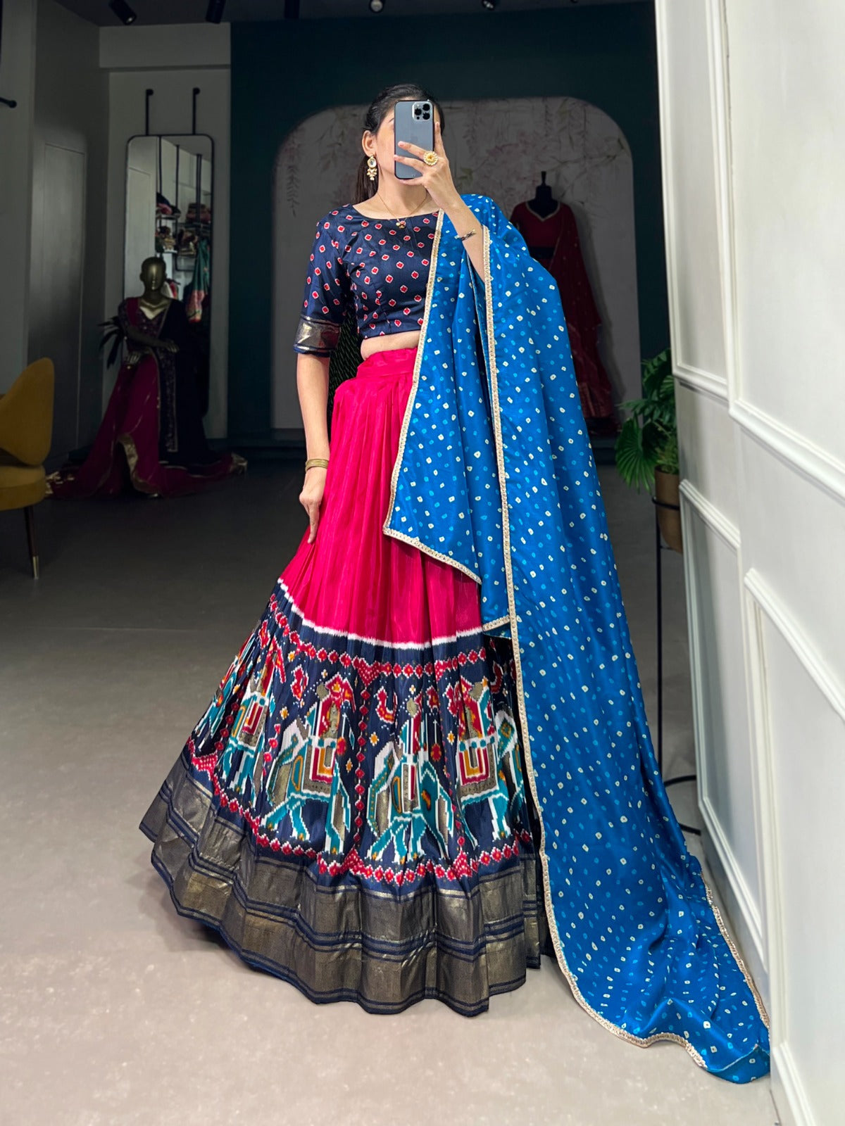 Dainty Pink Dola Silk Patola Printed Lehenga Choli Set - Ethnicwish