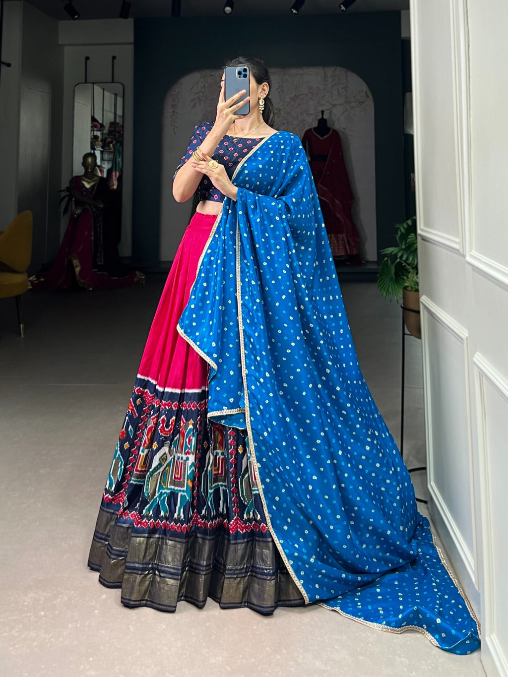 Dainty Pink Dola Silk Patola Printed Lehenga Choli Set - Ethnicwish