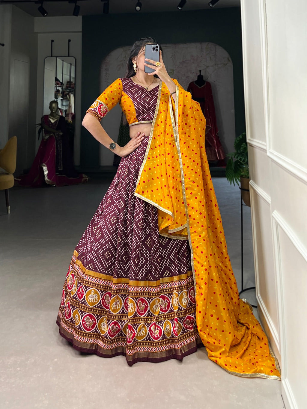 Spectacular Tussar Silk Bandhej Patola Printed Lehenga Choli - Ethnicwish