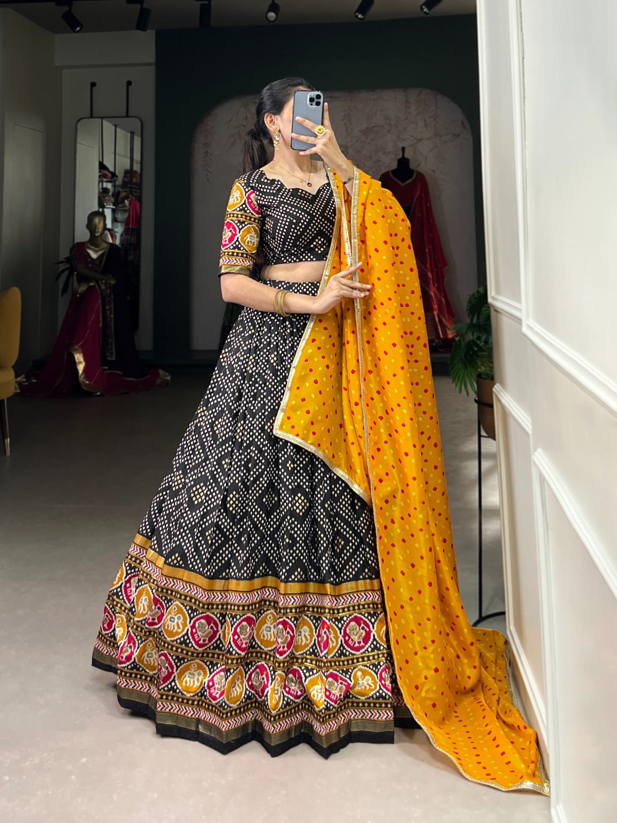 Spectacular Tussar Silk Bandhej Patola Printed Lehenga Choli - Ethnicwish