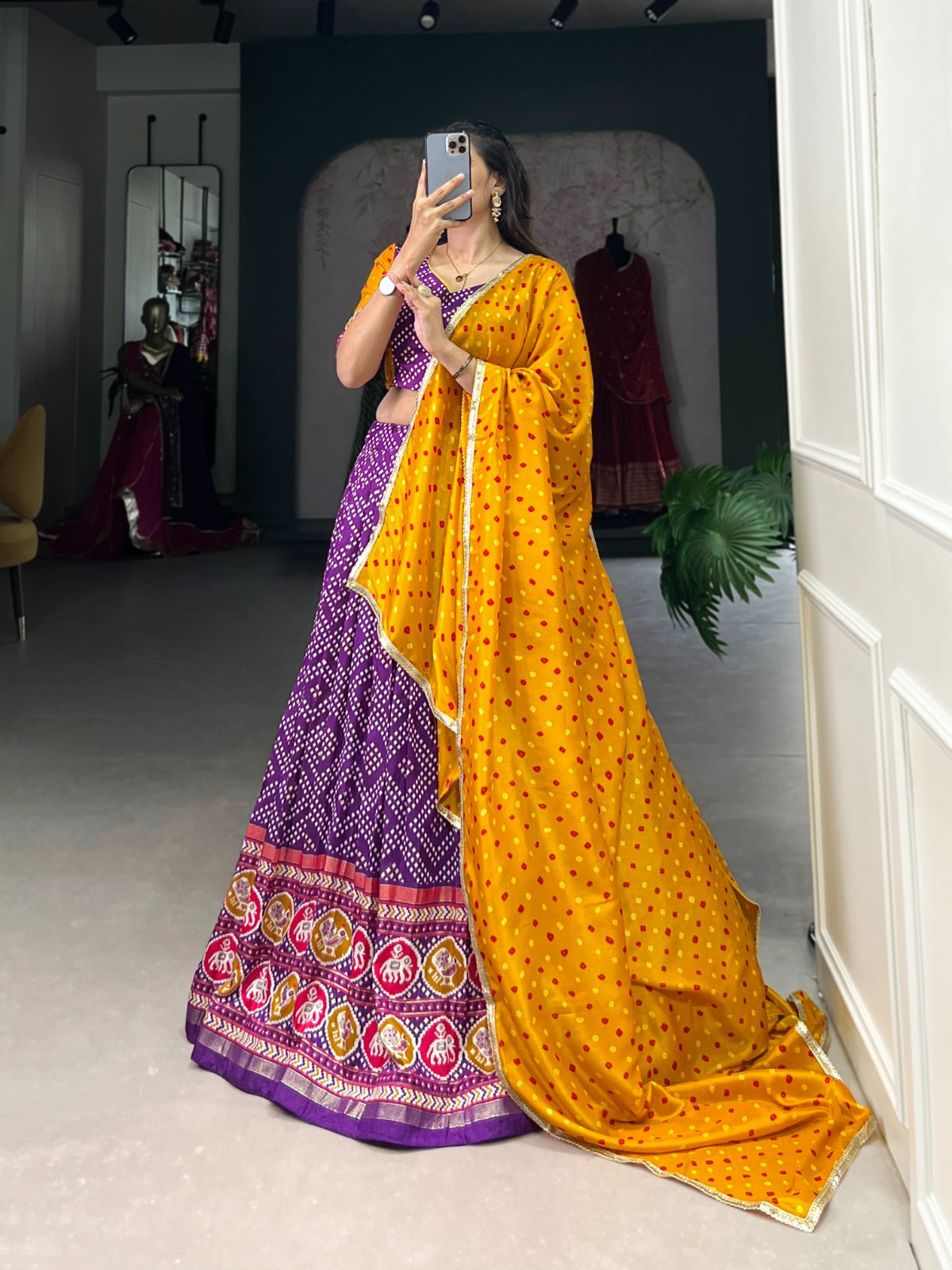 Spectacular Tussar Silk Bandhej Patola Printed Lehenga Choli - Ethnicwish