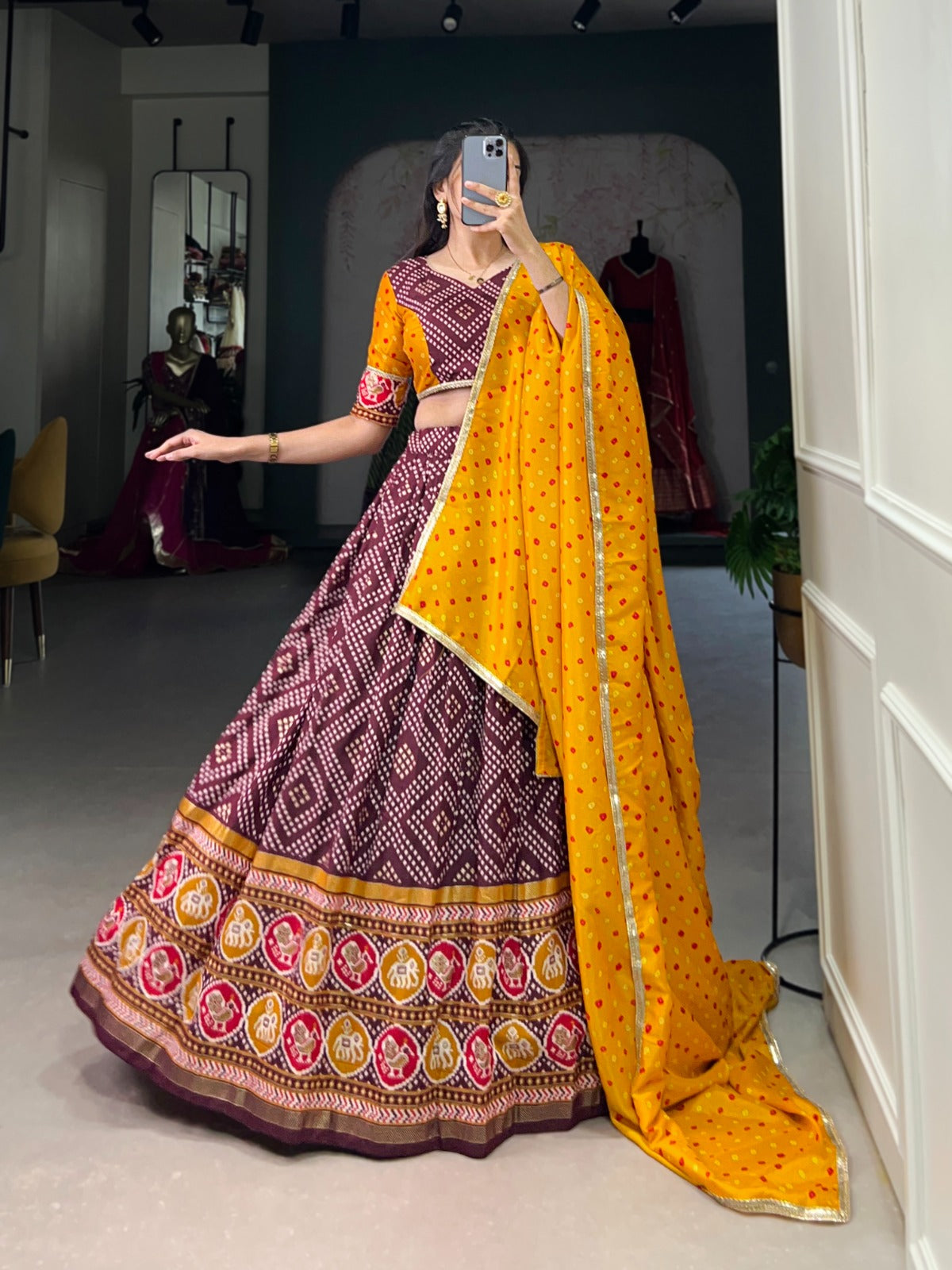 Delightful Tussar Silk Patola Printed Lehenga Choli Set - Ethnicwish