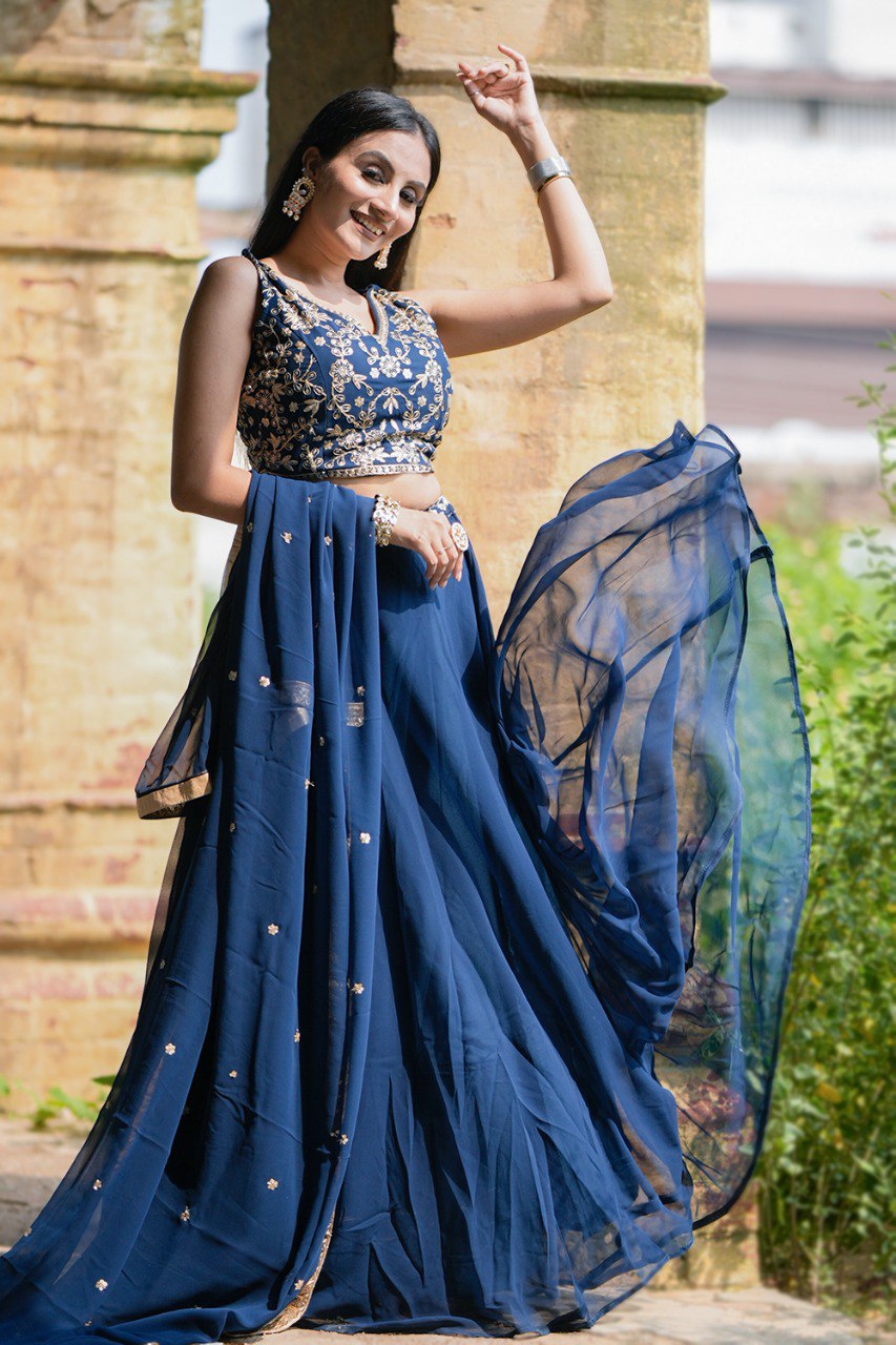 Gorgeous Navy Blue Sequins Thread Worked Lehenga Choli - Ethnicwish