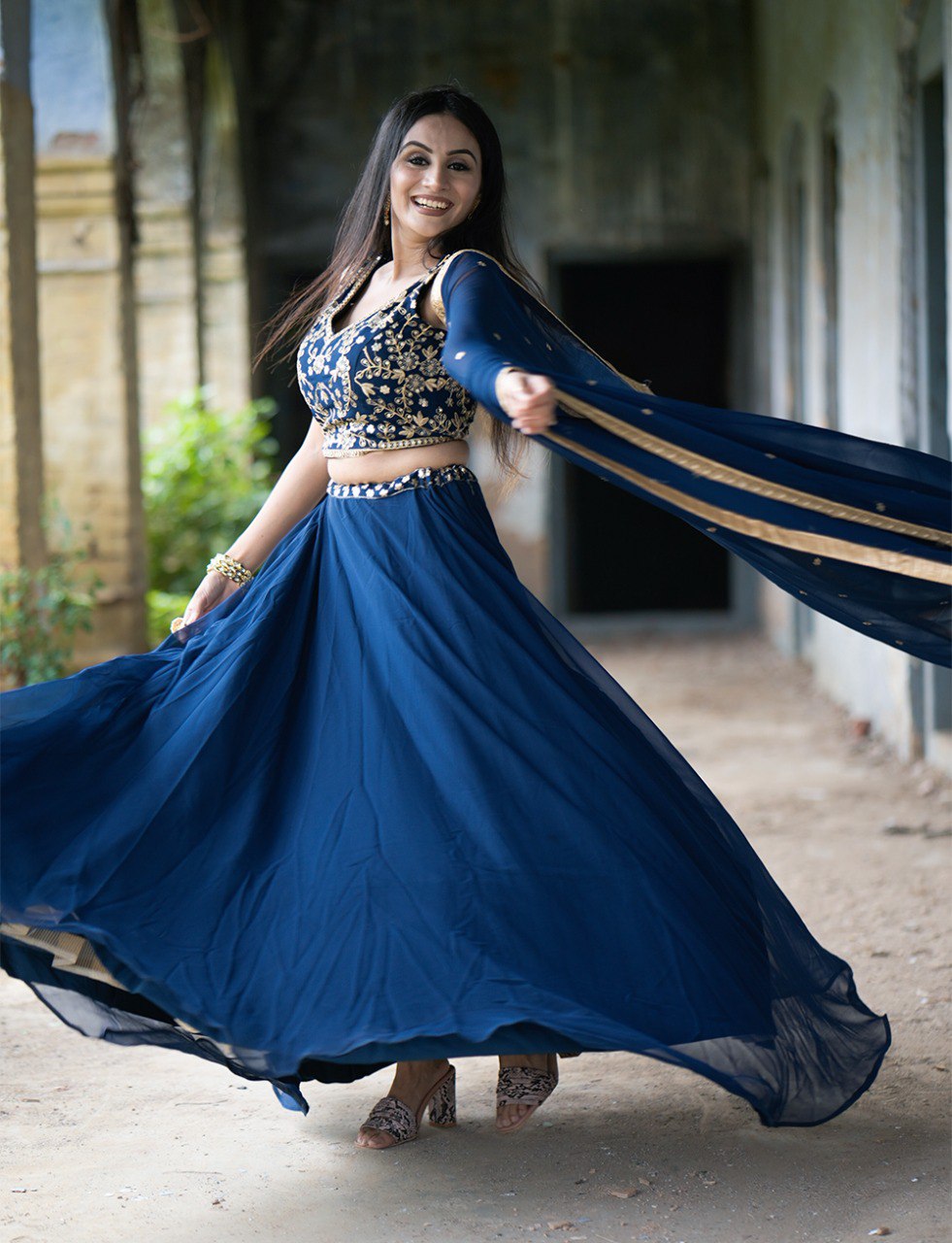 Gorgeous Navy Blue Sequins Thread Worked Lehenga Choli - Ethnicwish