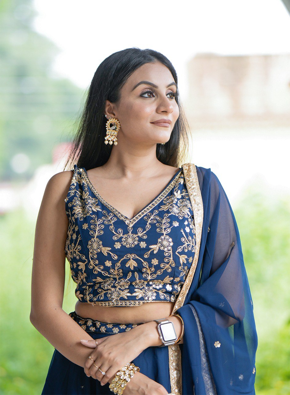 Gorgeous Navy Blue Sequins Thread Worked Lehenga Choli - Ethnicwish