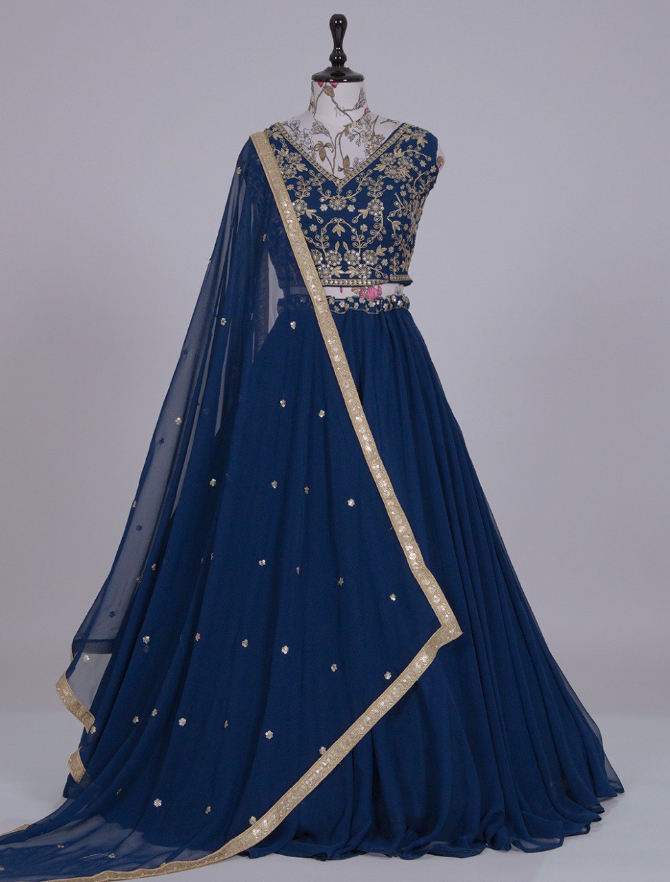 Gorgeous Navy Blue Sequins Thread Worked Lehenga Choli - Ethnicwish