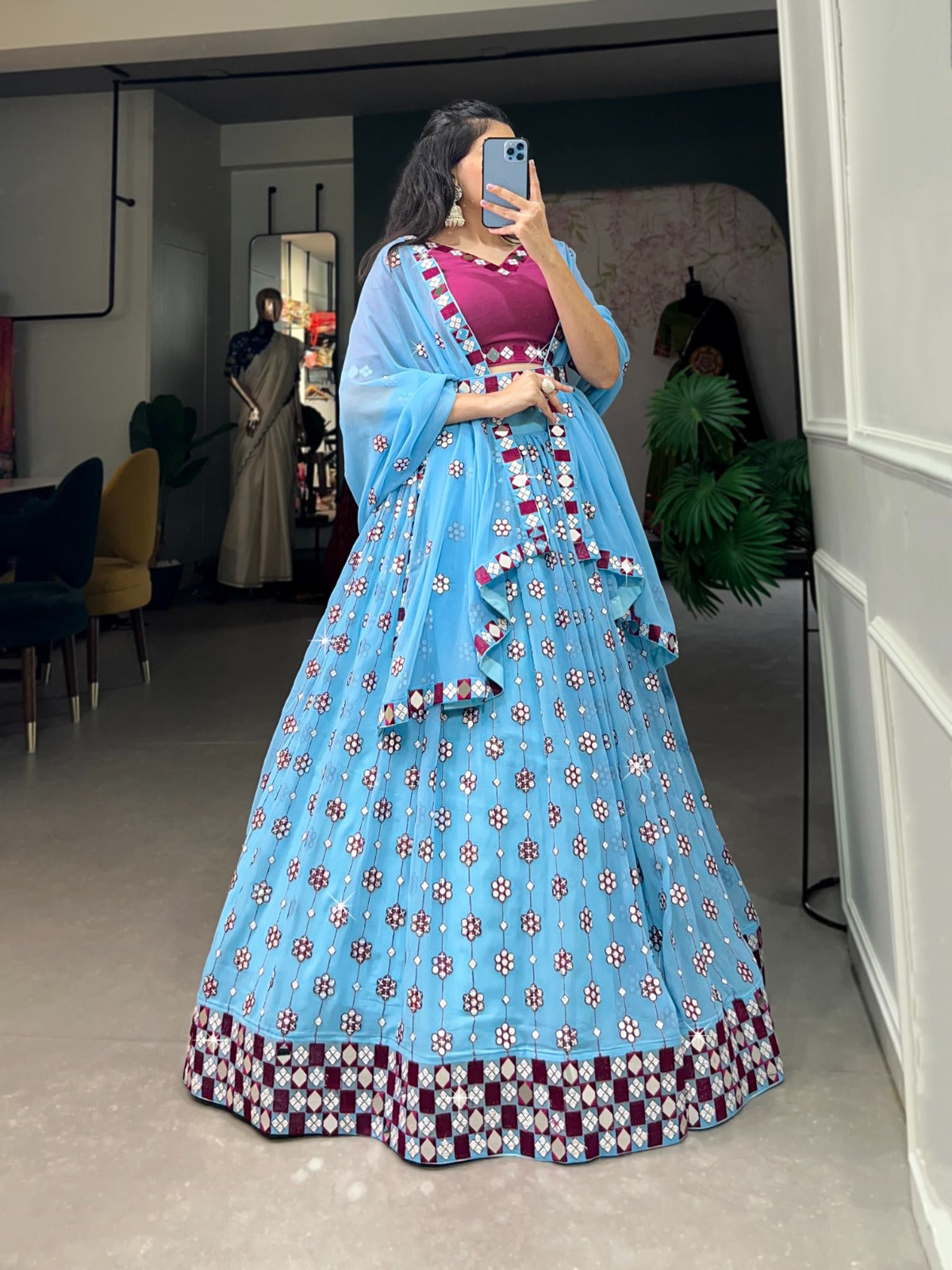 Lovely Sky Blue Georgette Sequins Embroidered Mirror Worked Lehenga Choli - Ethnicwish