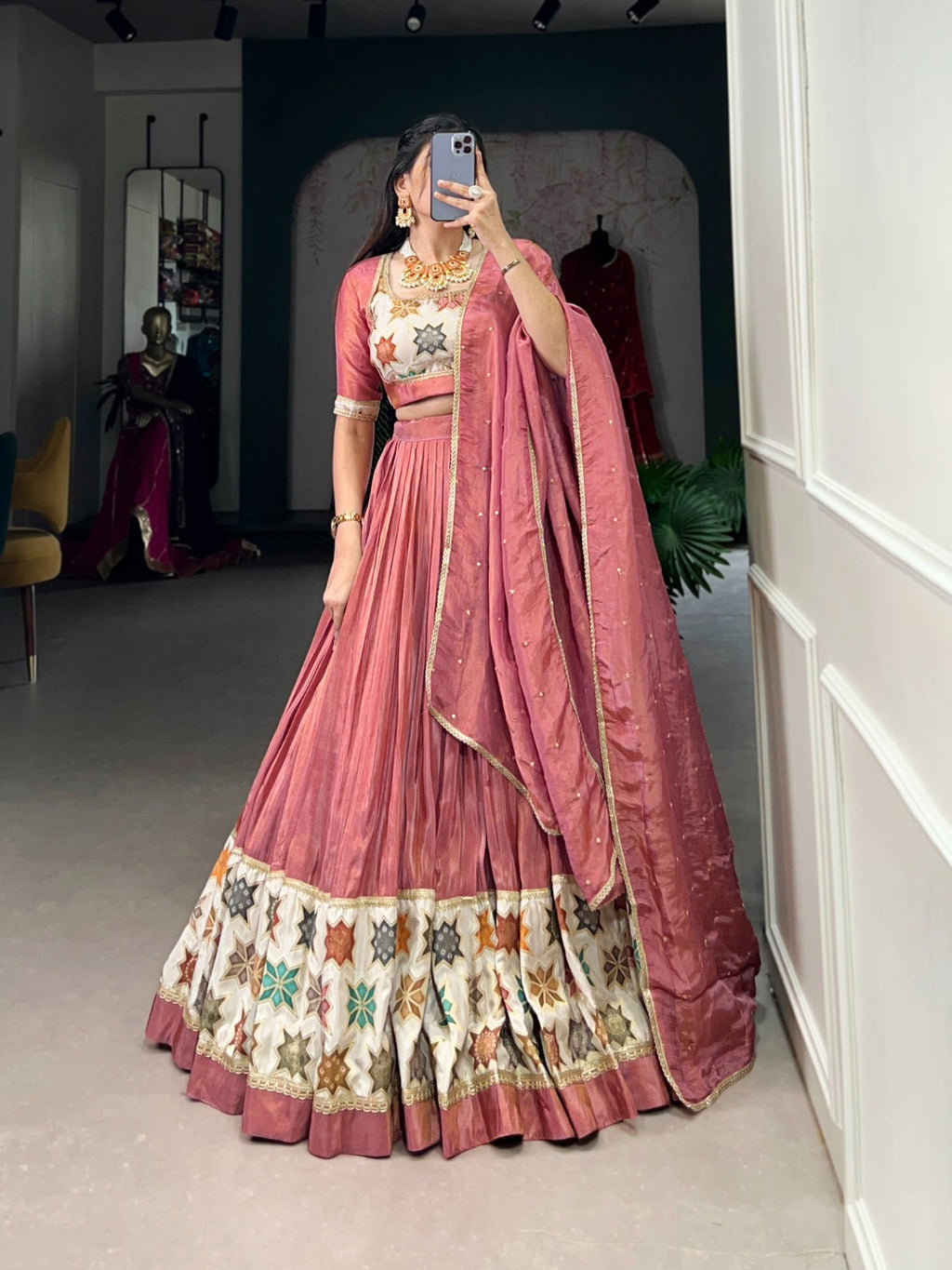 Vibrant Pure Shimmer Lace Border Worked Stitched Lehenga Choli - Ethnicwish