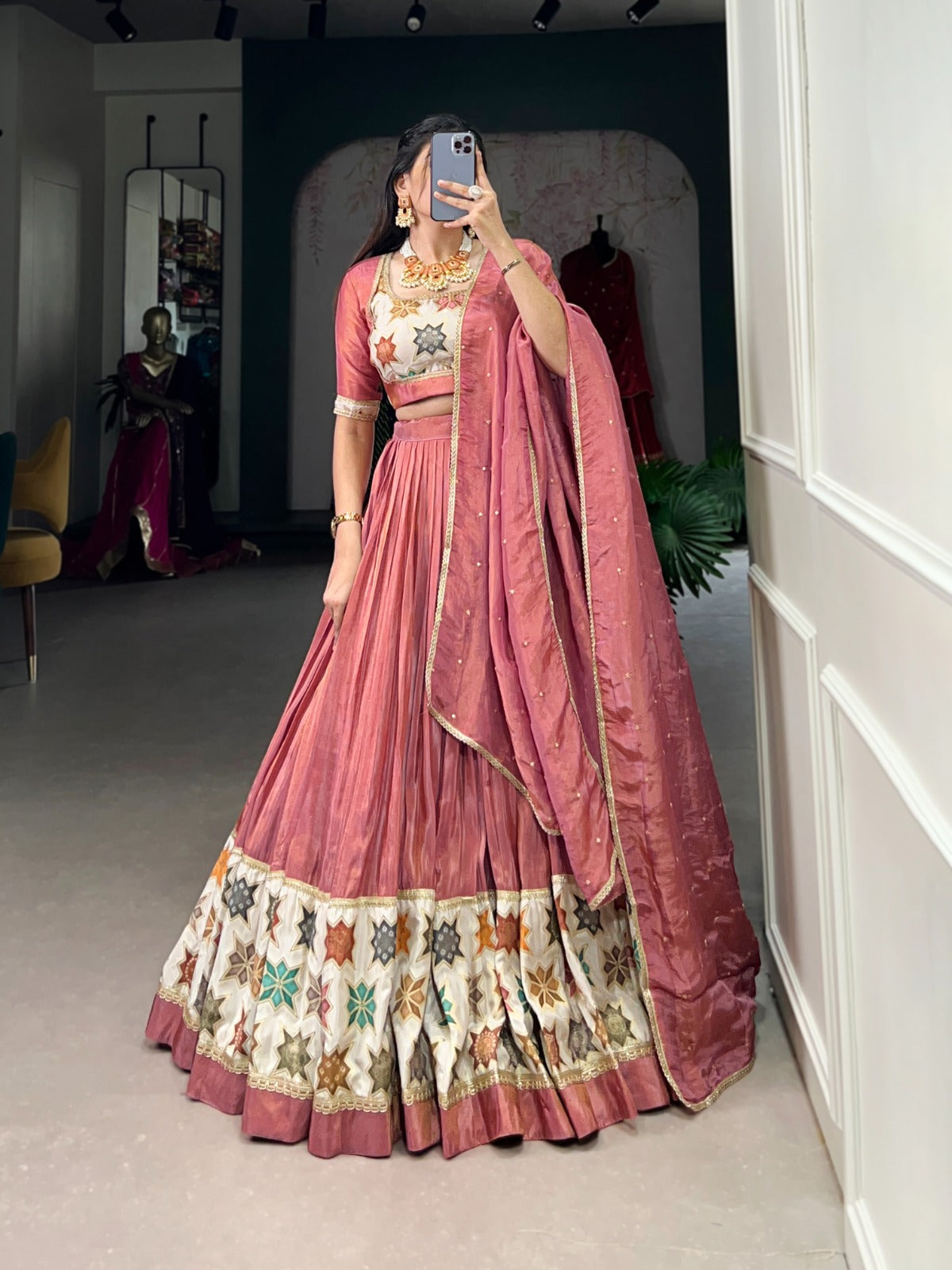 Vibrant Pure Shimmer Lace Border Worked Stitched Lehenga Choli - Ethnicwish