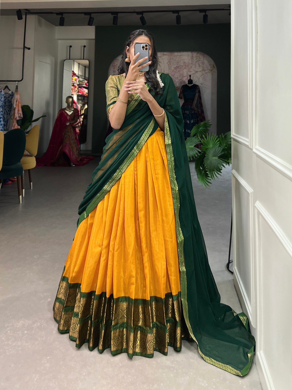 Entrancing Kanchipuram Silk Zari Weaving Worked Lehenga Choli - Ethnicwish