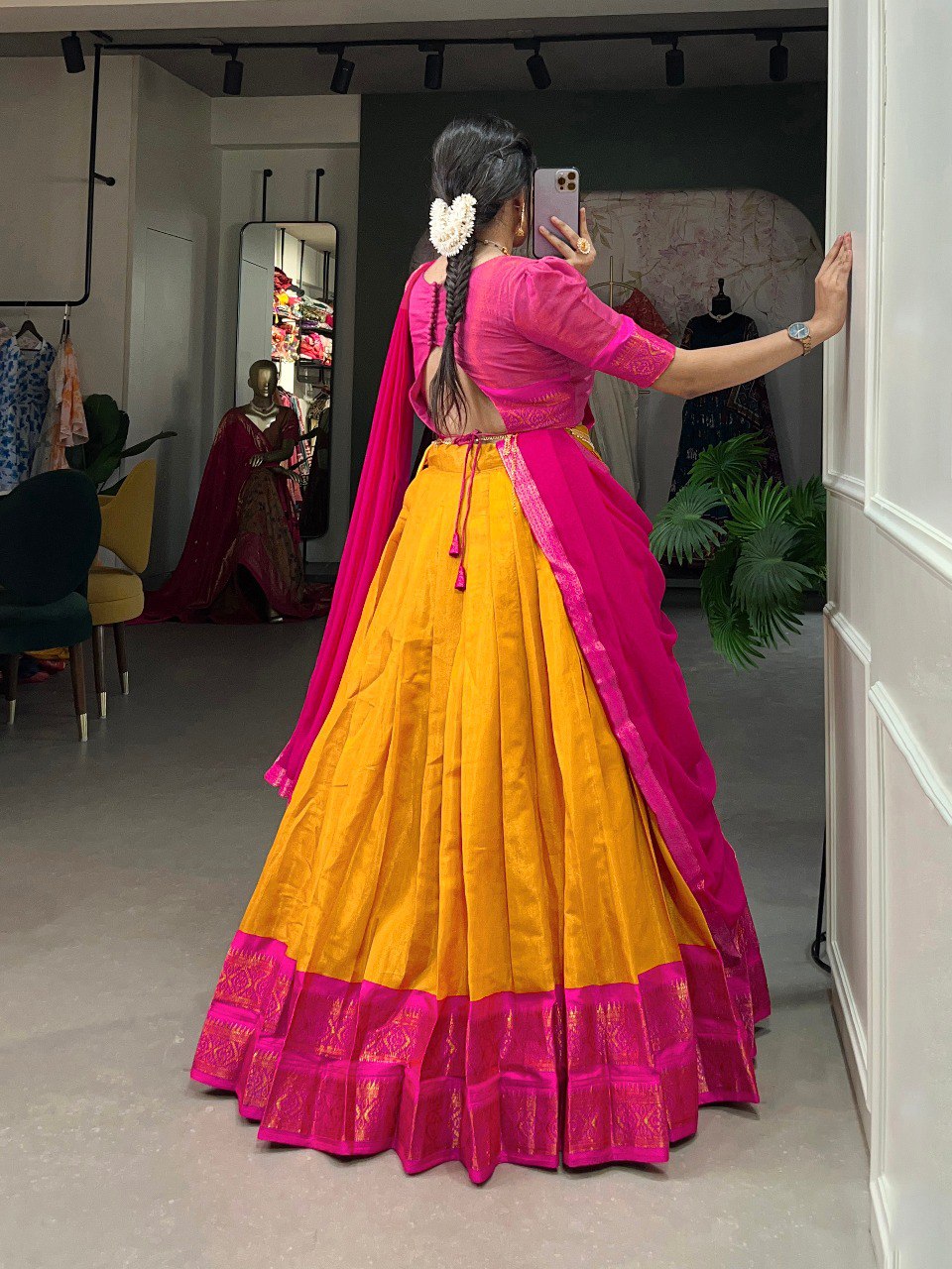 Entrancing Kanchipuram Silk Zari Weaving Worked Lehenga Choli - Ethnicwish