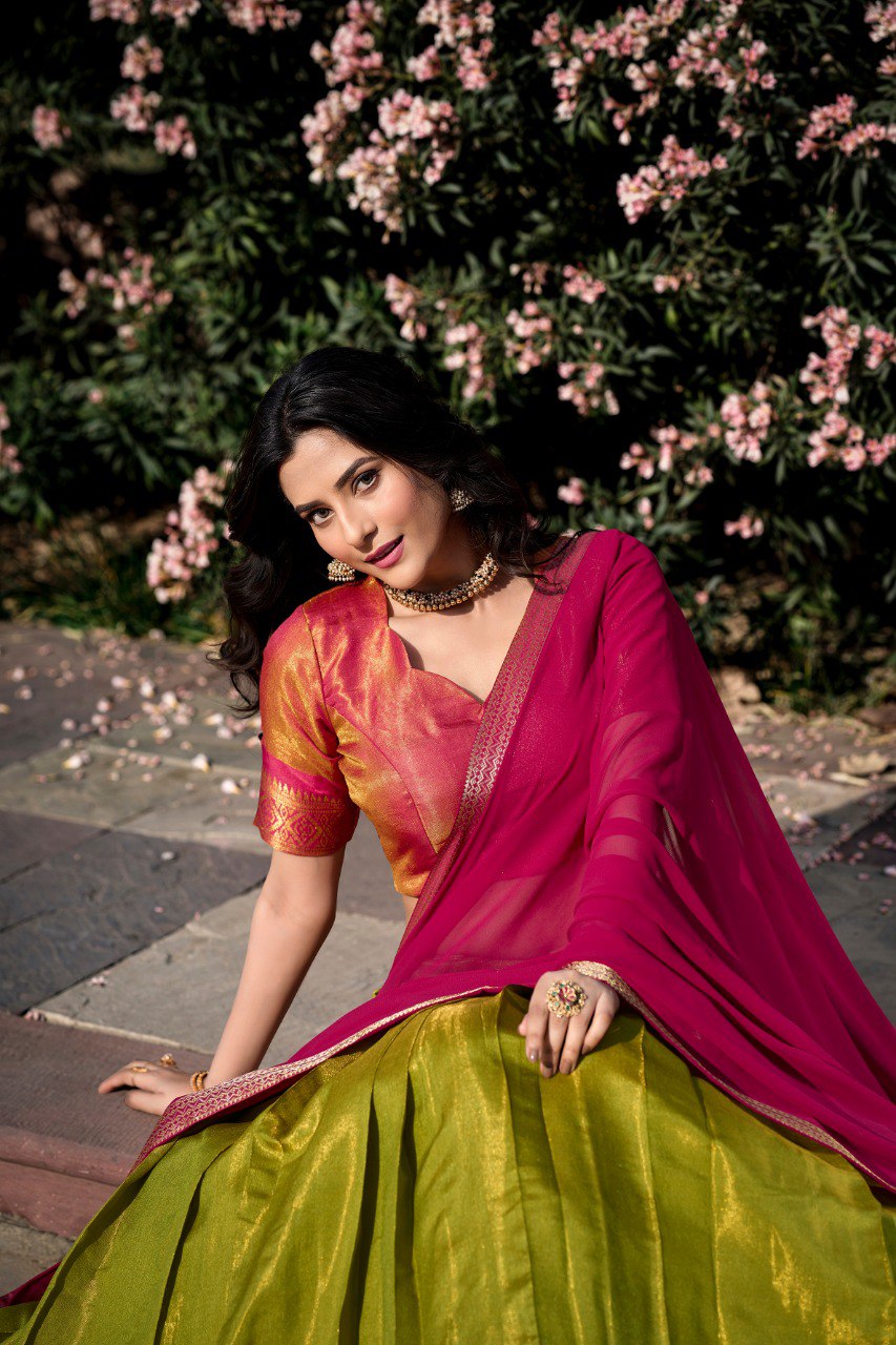 Entrancing Kanchipuram Silk Zari Weaving Worked Lehenga Choli - Ethnicwish