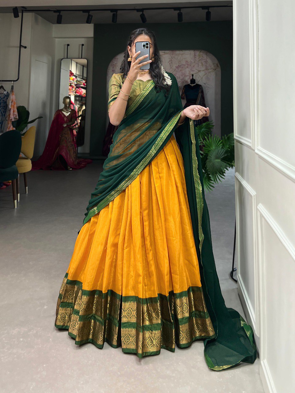 Entrancing Kanchipuram Silk Zari Weaving Worked Lehenga Choli - Ethnicwish