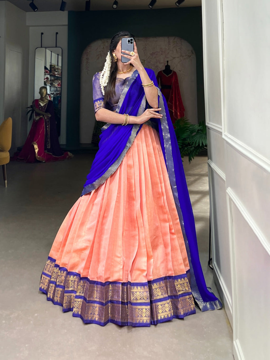 Stunning Kanchipuram Silk Zari Weaving Worked Lehenga Choli - Ethnicwish