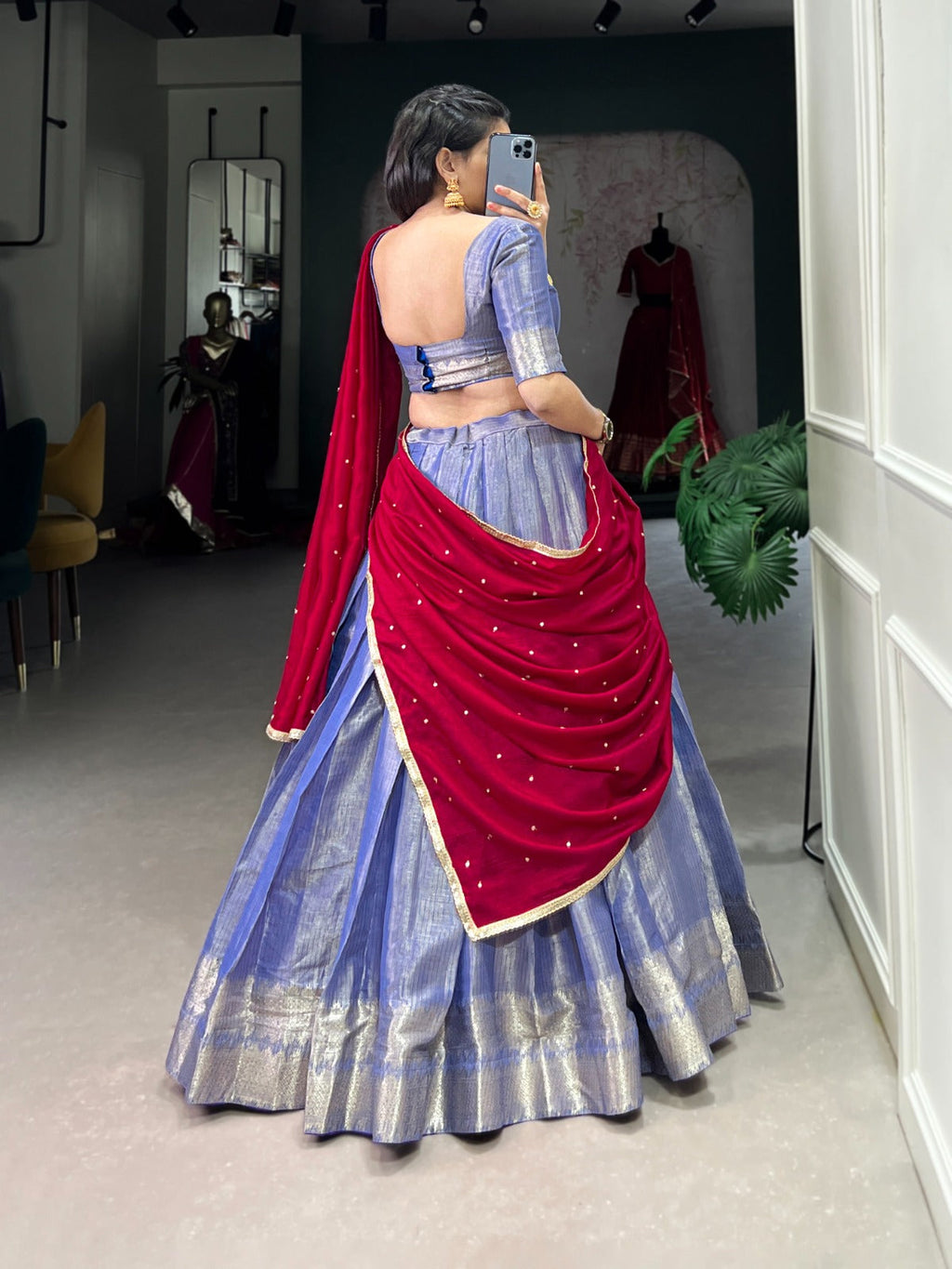Majestic Kanchipuram Silk Zari Weaving Worked Lehenga Choli - Ethnicwish