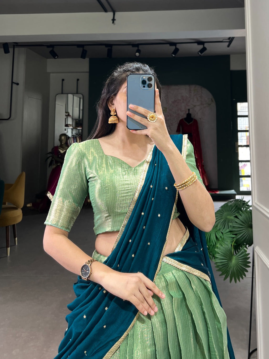 Majestic Kanchipuram Silk Zari Weaving Worked Lehenga Choli - Ethnicwish