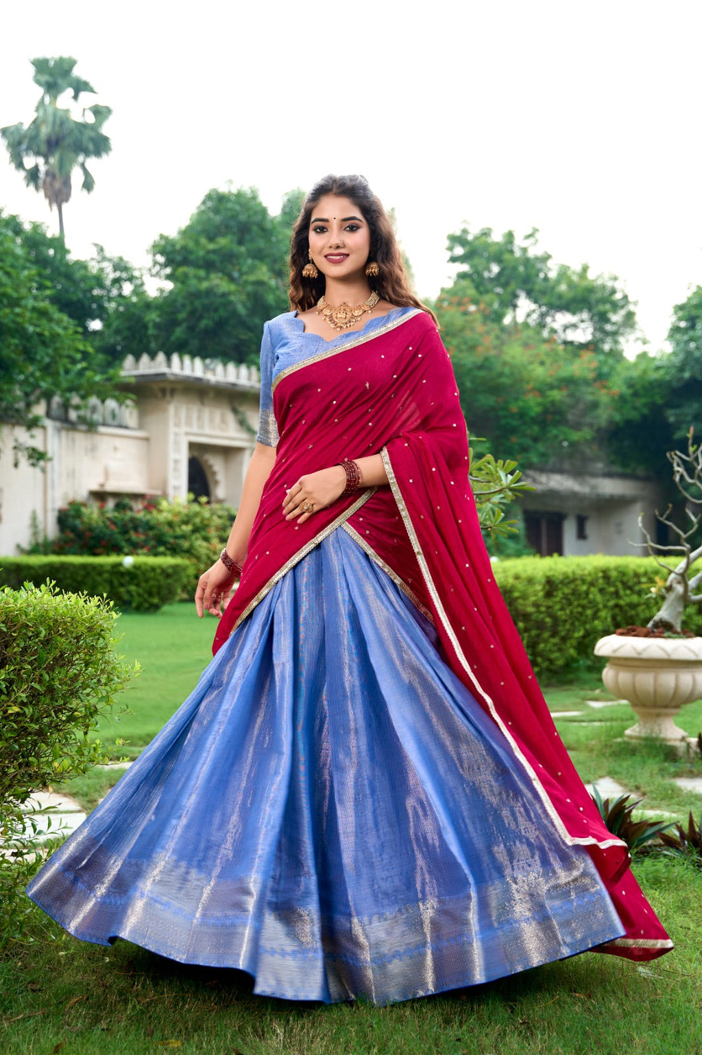 Majestic Kanchipuram Silk Zari Weaving Worked Lehenga Choli - Ethnicwish