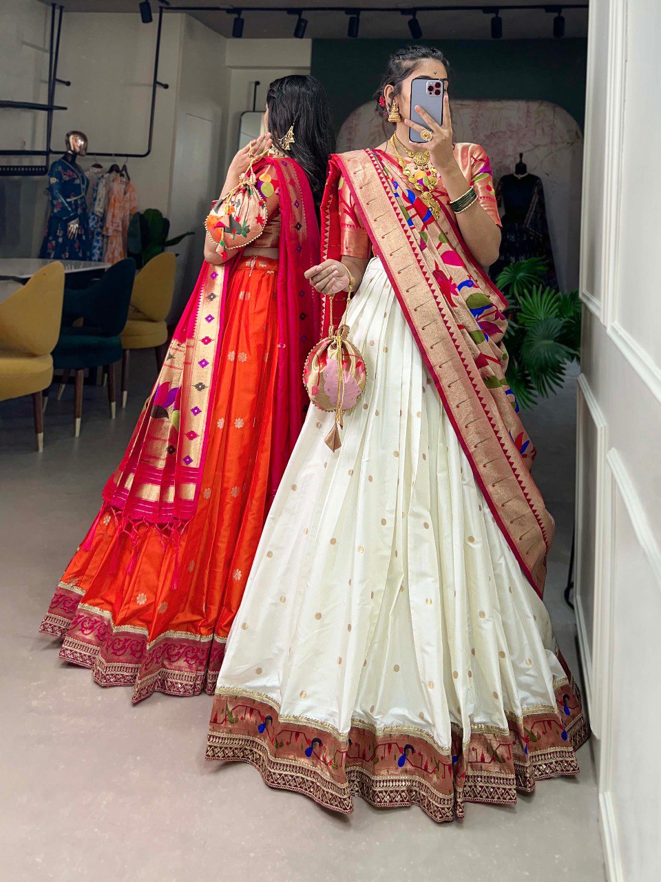 Gorgeous White Paithani Silk Weaving Zari Worked Lehenga Choli - Ethnicwish