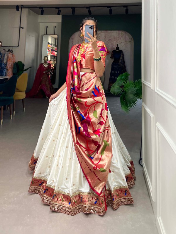 Gorgeous White Paithani Silk Weaving Zari Worked Lehenga Choli - Ethnicwish