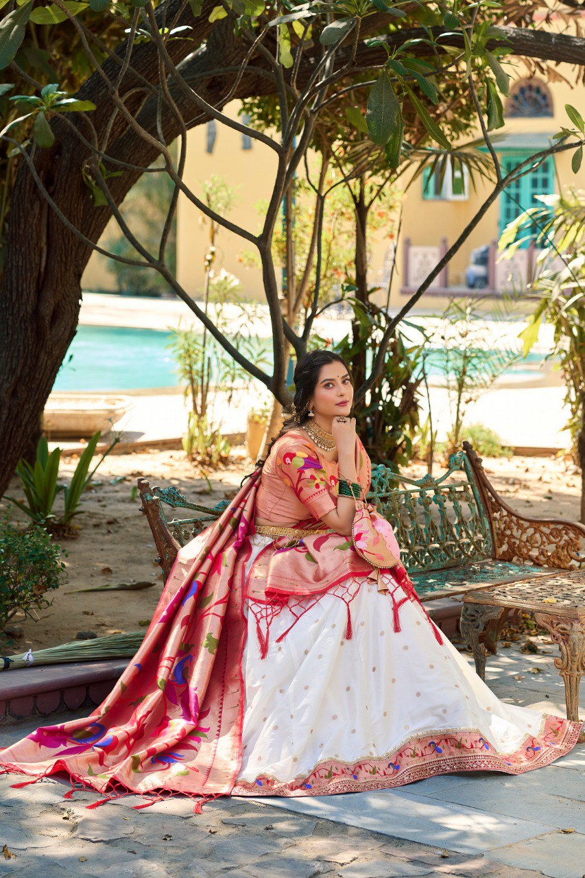 Gorgeous White Paithani Silk Weaving Zari Worked Lehenga Choli - Ethnicwish