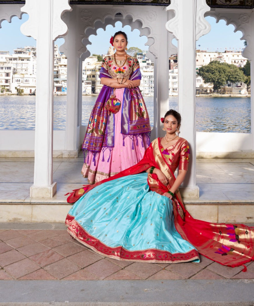 Amazing Paithani Jacquard Silk Weaving Zari Worked Lehenga Choli - Ethnicwish