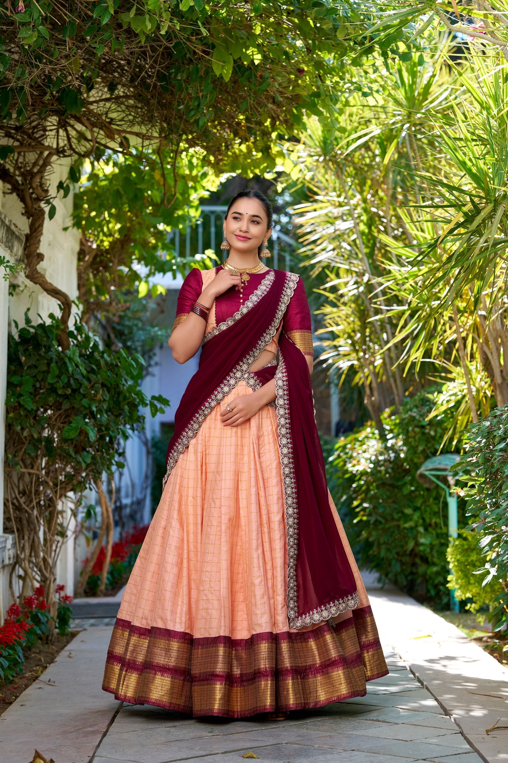 Stylish Zari Chex Weaving Worked Lehenga Choli Set - ETHNICDEAL