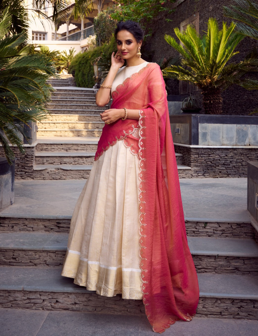 Off White Jacquard Chex Zari Weaving Worked Lehenga Choli - ETHNICDEAL