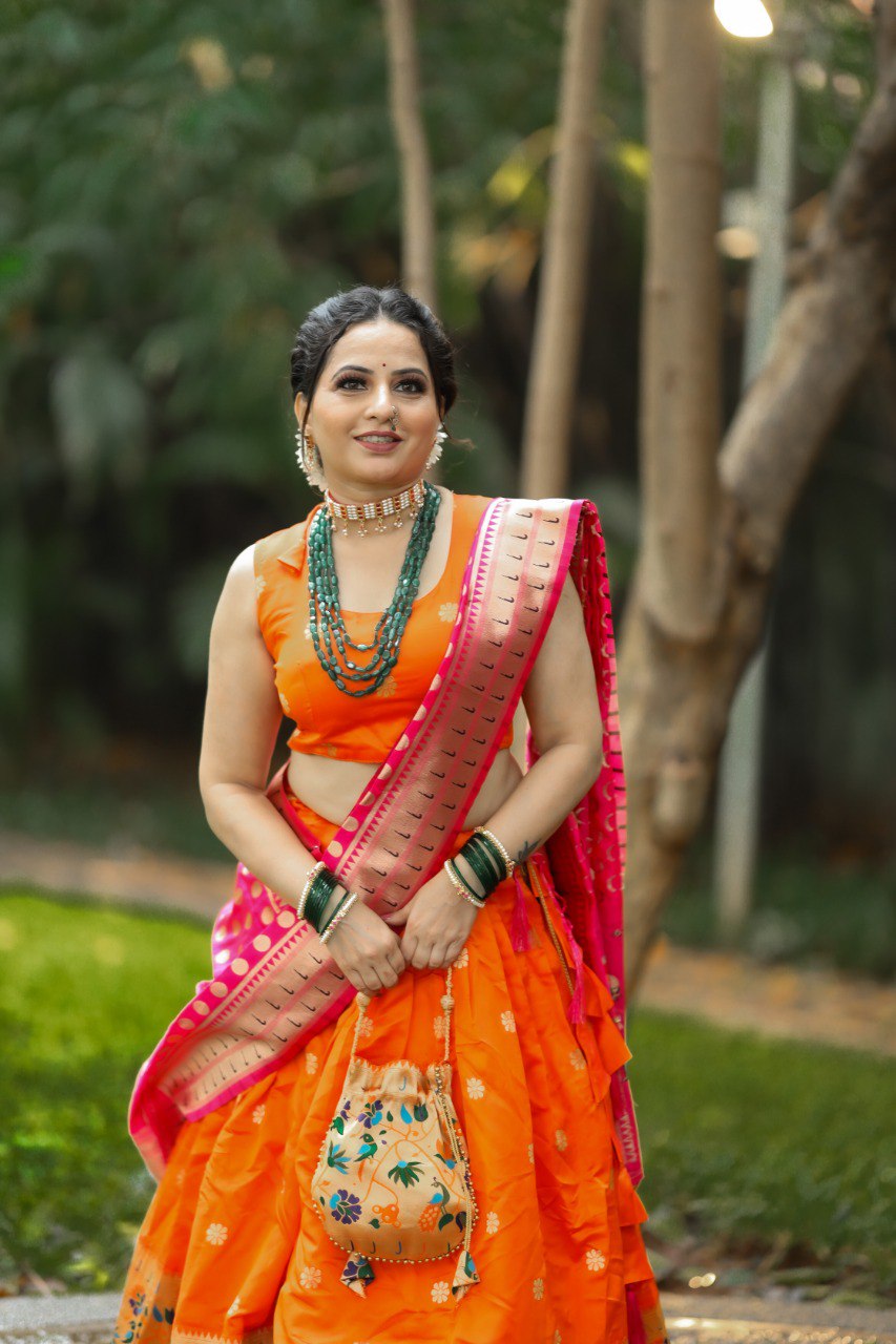 Resplendent Orange Paithani Silk Weaving Zari Worked Lehenga Choli - Ethnicwish