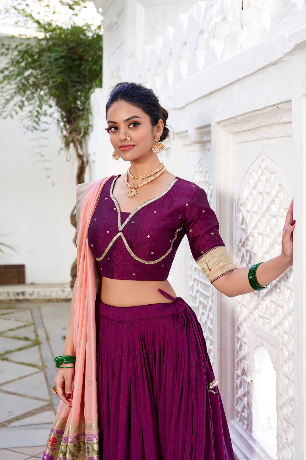 Exquisite Wine Vichitra Silk Paithani Lace Border Worked Lehenga Choli - Ethnicwish