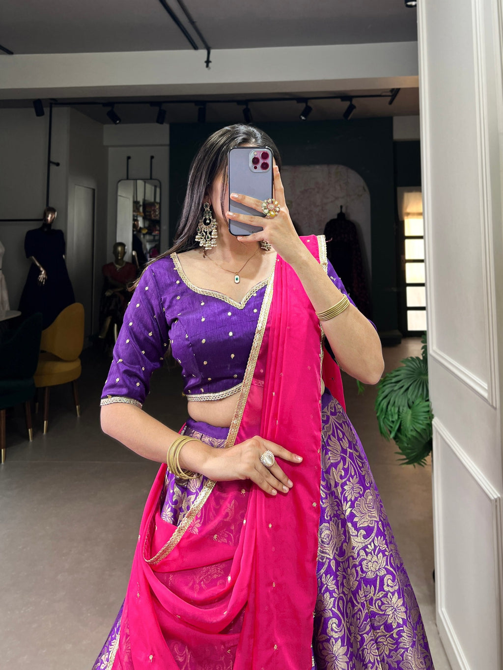 Breathtaking Purple Jacquard Silk Zari Weaving Worked Lehenga Choli - Ethnicwish