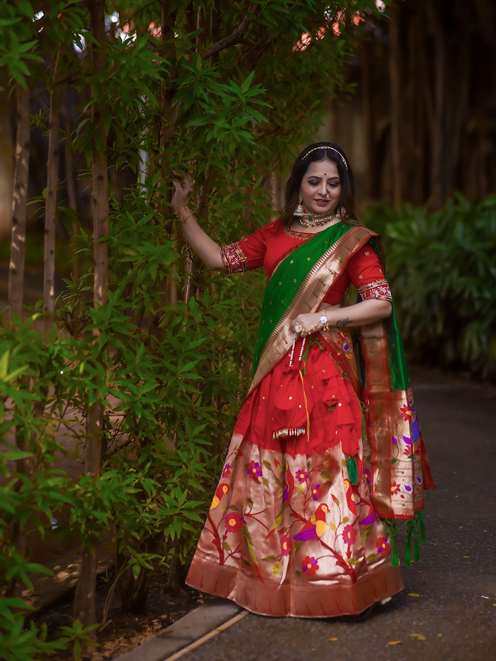 Mesmerizing Red Paithani Silk Zari Weaving Worked Lehenga Set - Ethnicwish