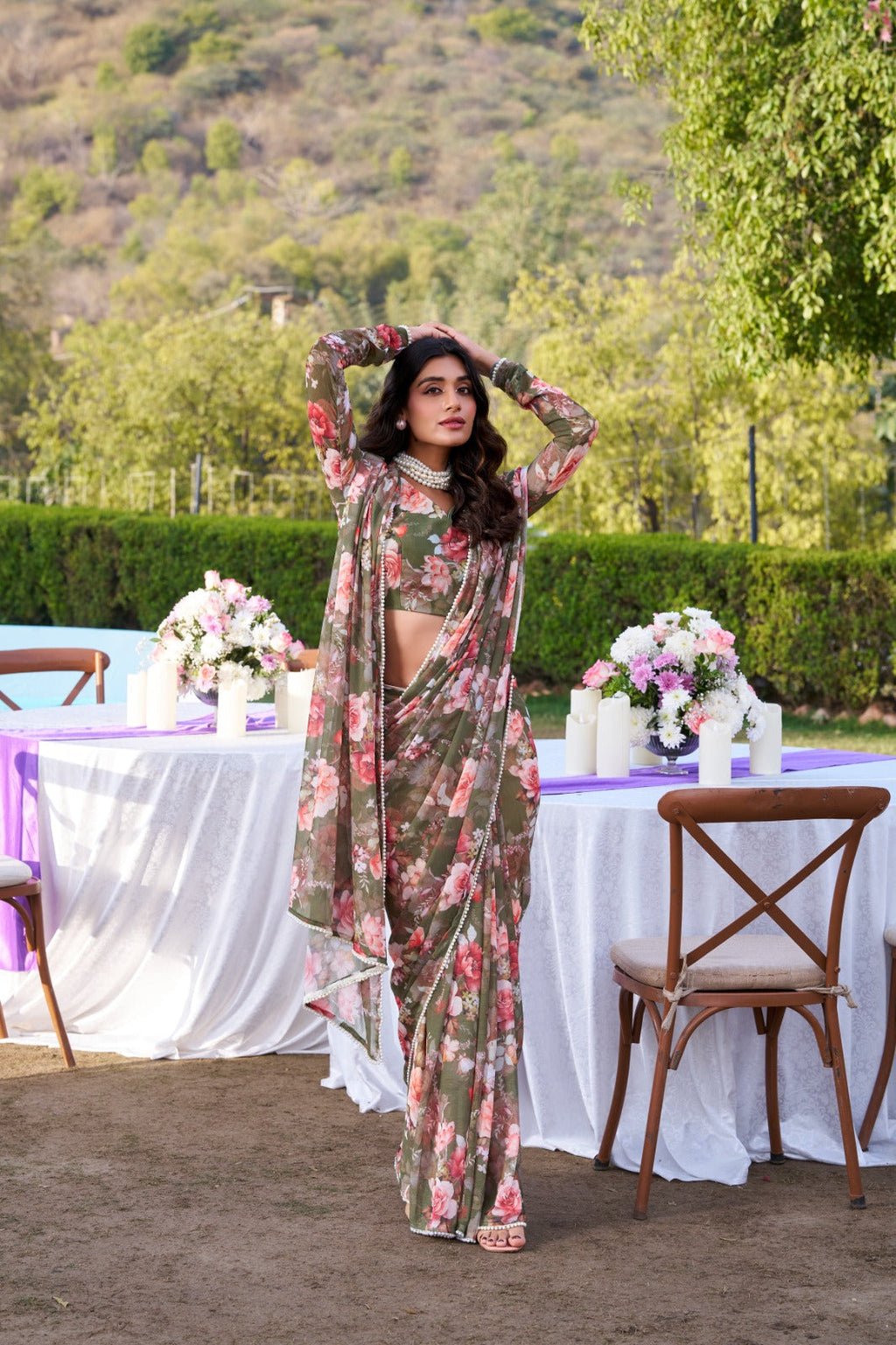 Radiant Georgette Floral Digital Printed Pearl Lace Worked Saree - ETHNICDEAL