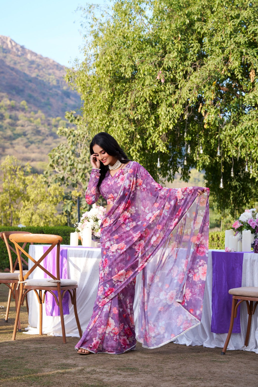 Radiant Georgette Floral Digital Printed Pearl Lace Worked Saree - ETHNICDEAL
