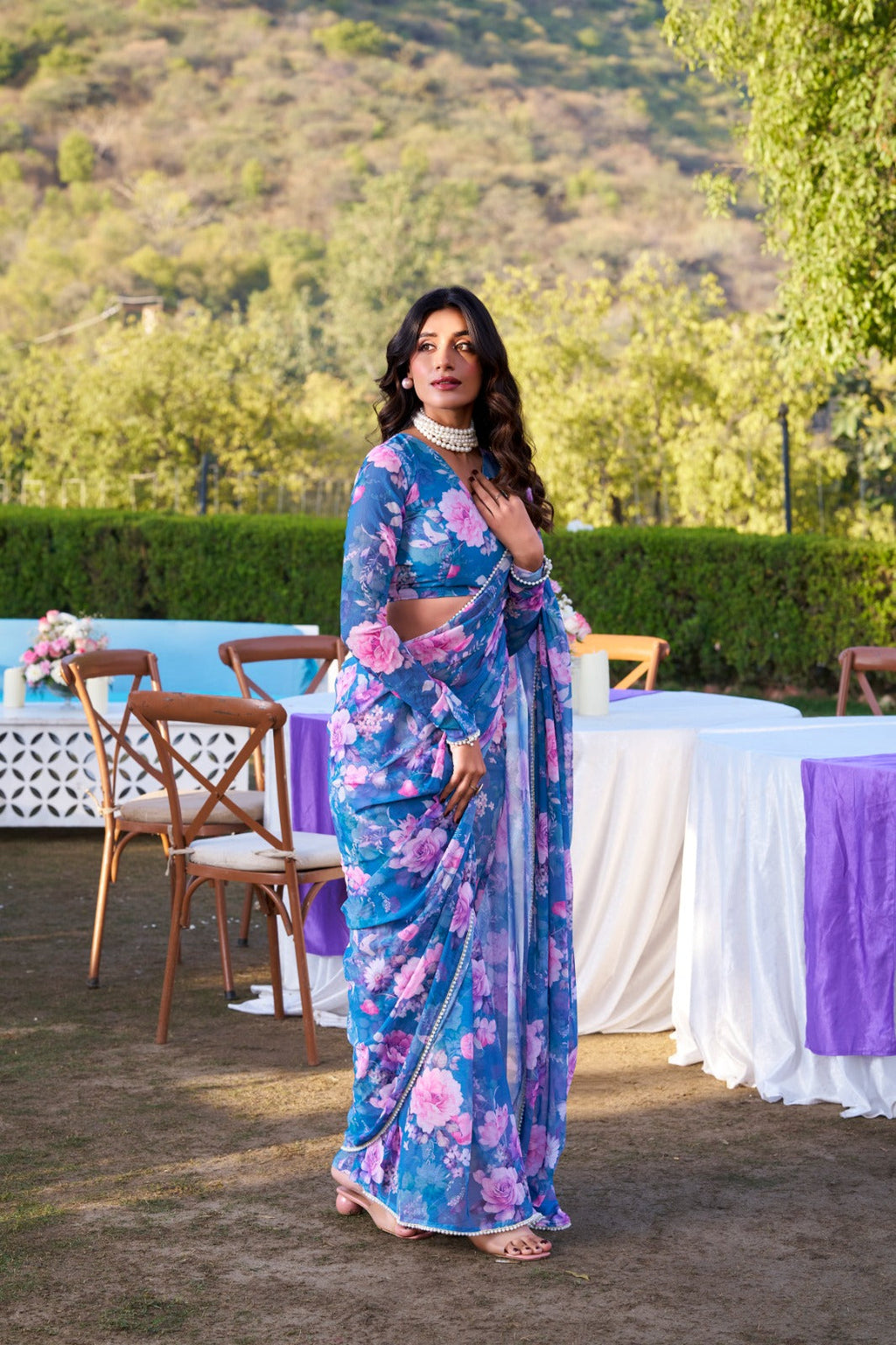 Radiant Georgette Floral Digital Printed Pearl Lace Worked Saree - ETHNICDEAL