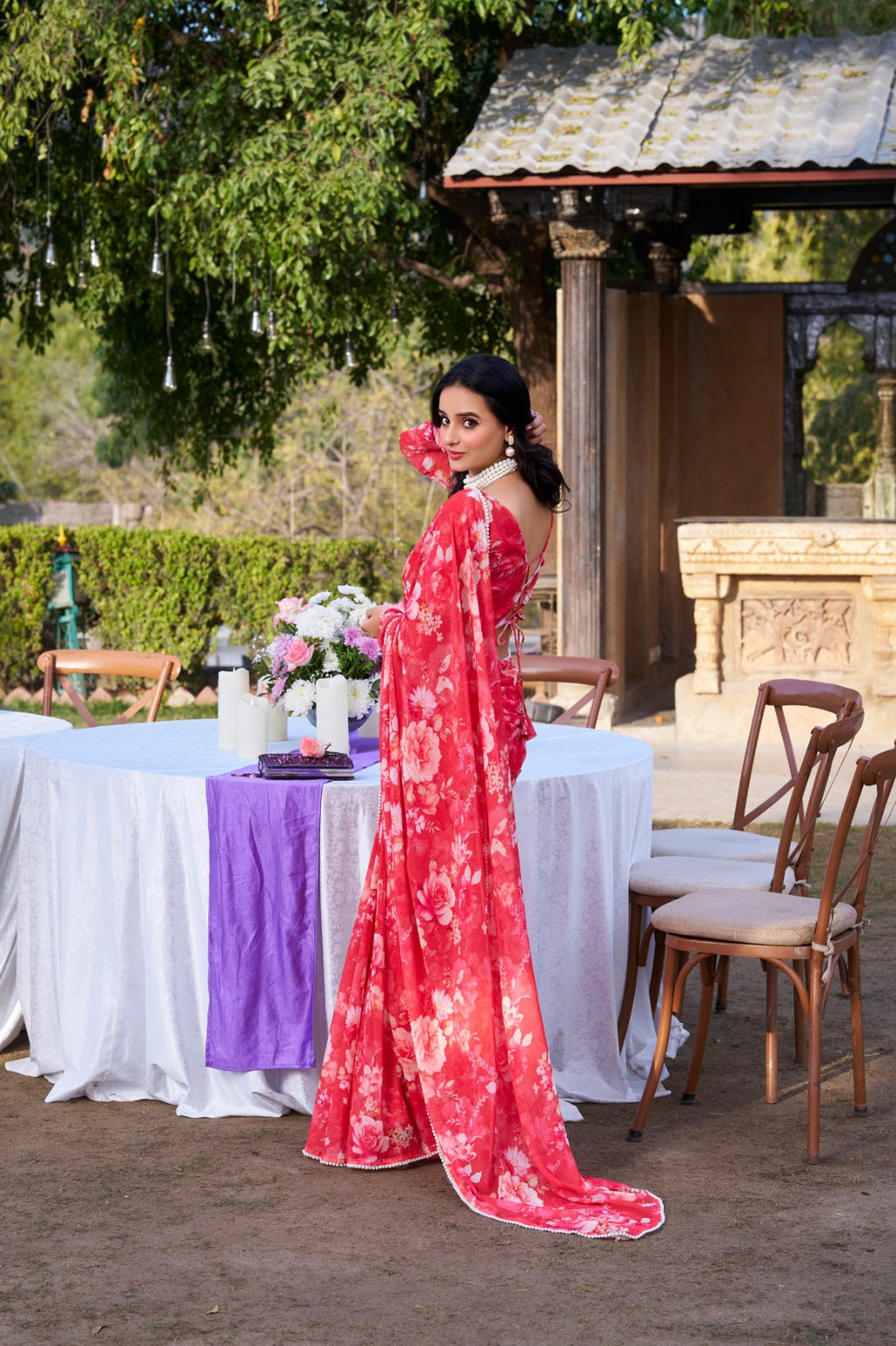 Radiant Georgette Floral Digital Printed Pearl Lace Worked Saree - ETHNICDEAL