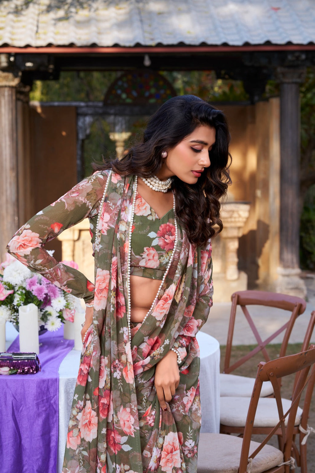 Radiant Georgette Floral Digital Printed Pearl Lace Worked Saree - ETHNICDEAL